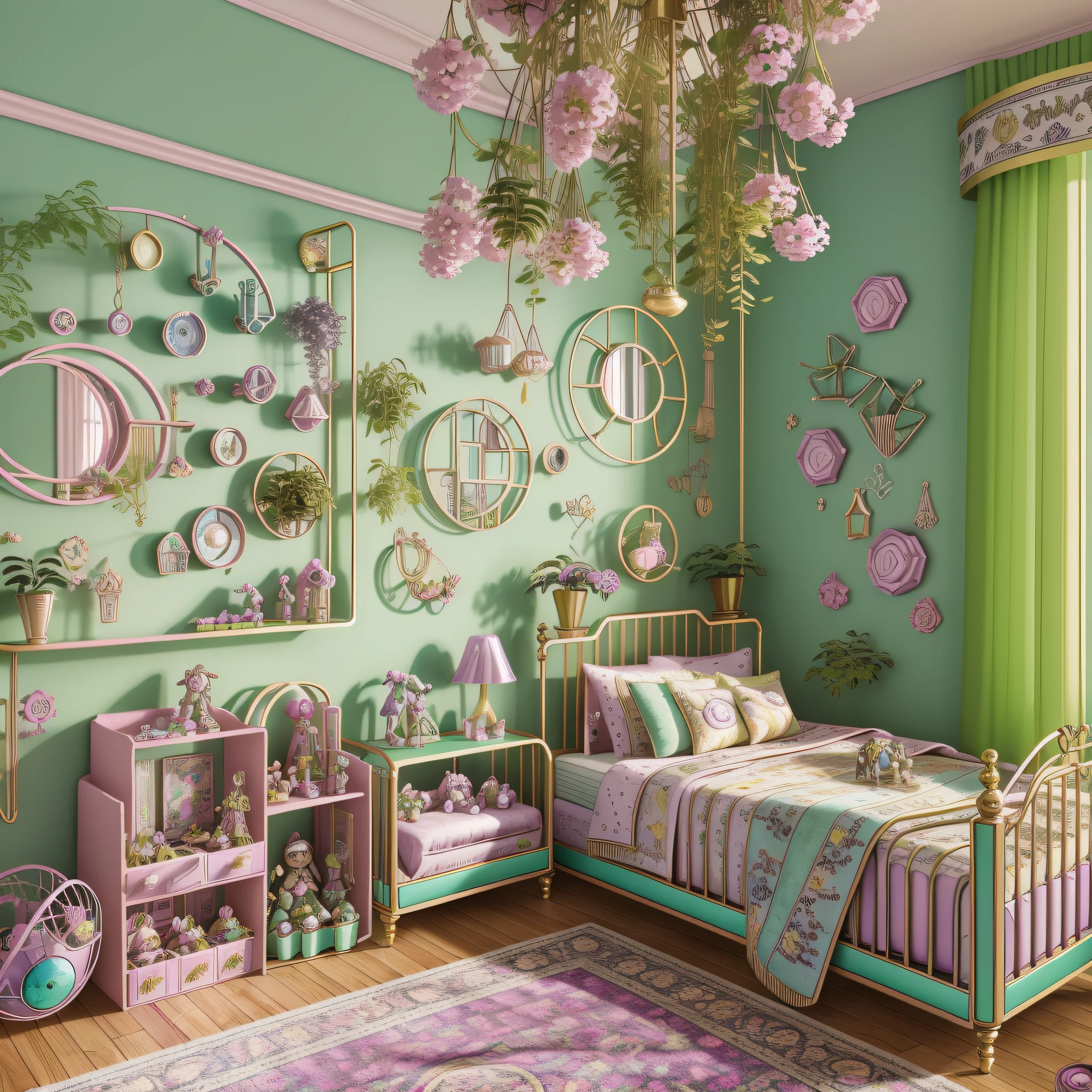 Architectural Digest photo of a {vaporwave/steampunk/solarpunk} ((Child room)) green, with a lot kid toys, with dolls, with a big bed, with flowers and plants, golden light, hyperrealistic surrealism, award-winning masterpiece with incredible detail, breathtakingly epic