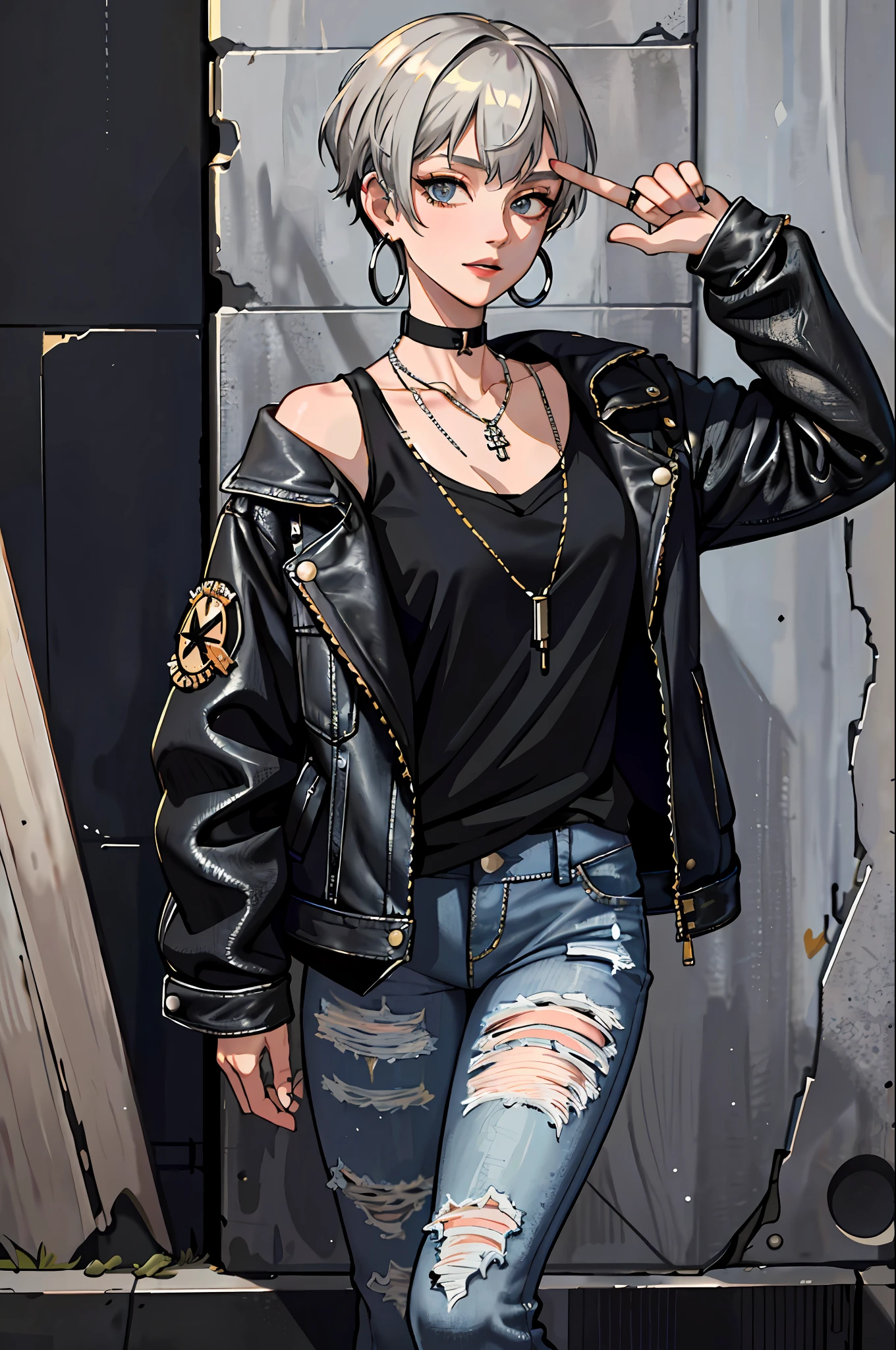 (masterpiece:1.2, best quality), (1lady, solo, upper body:1.2), Hair: buzz cut, Clothing: oversized, distressed denim jacket with patches and pins, paired with black skinny jeans and combat boots, Accessories: silver hoop earrings and a black choker necklace, Hanging out in an underground music venue or street art exhibit