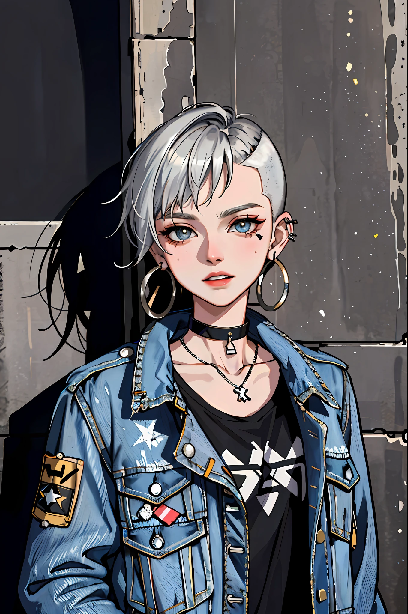 (masterpiece:1.2, best quality), (1lady, solo, upper body:1.2), Hair: buzz cut, Clothing: oversized, distressed denim jacket with patches and pins, paired with black skinny jeans and combat boots, Accessories: silver hoop earrings and a black choker necklace, Hanging out in an underground music venue or street art exhibit