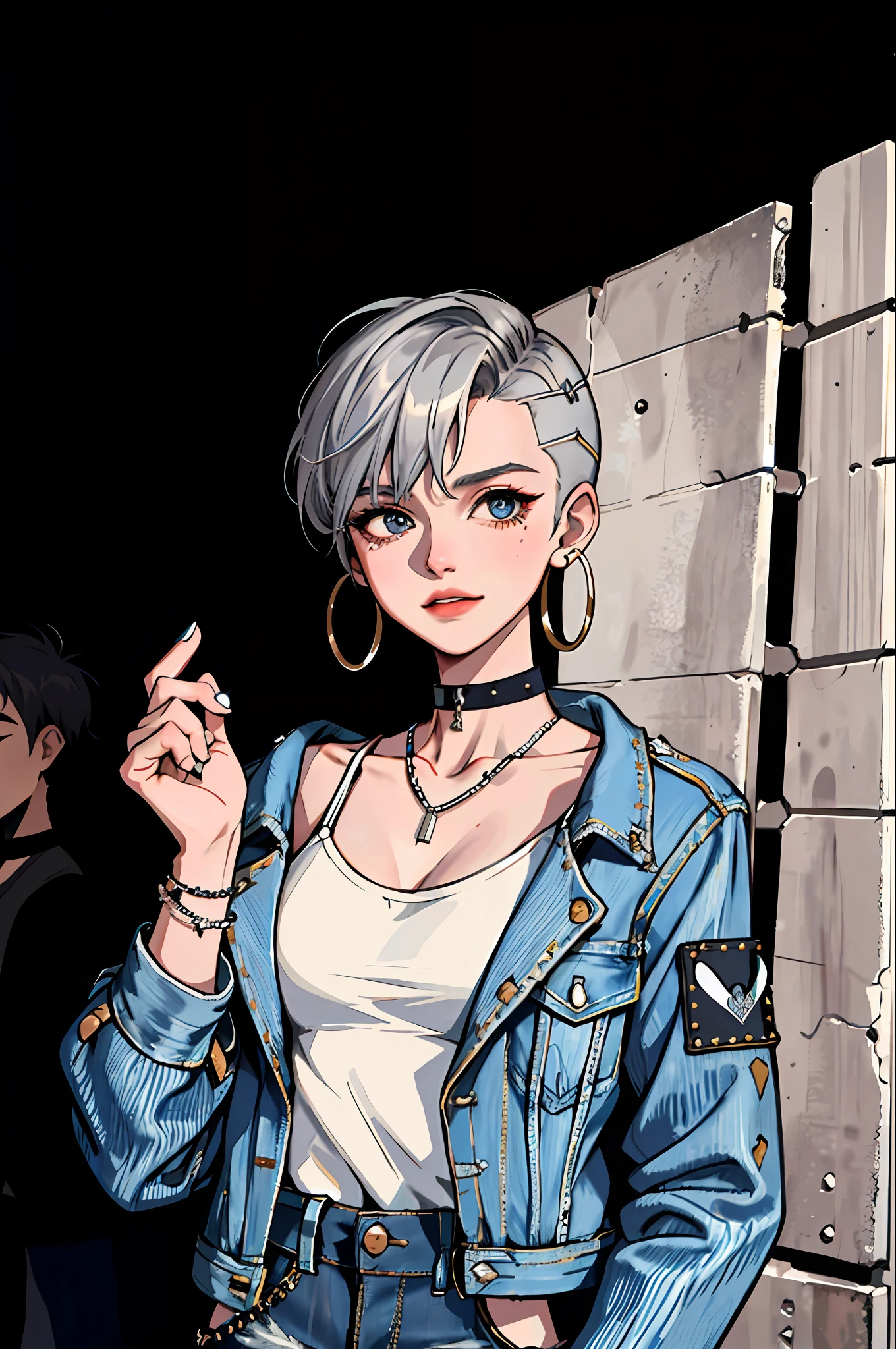 (masterpiece:1.2, best quality), (1lady, solo, upper body:1.2), Hair: buzz cut, Clothing: oversized, distressed denim jacket with patches and pins, paired with black skinny jeans and combat boots, Accessories: silver hoop earrings and a black choker necklace, Hanging out in an underground music venue or street art exhibit