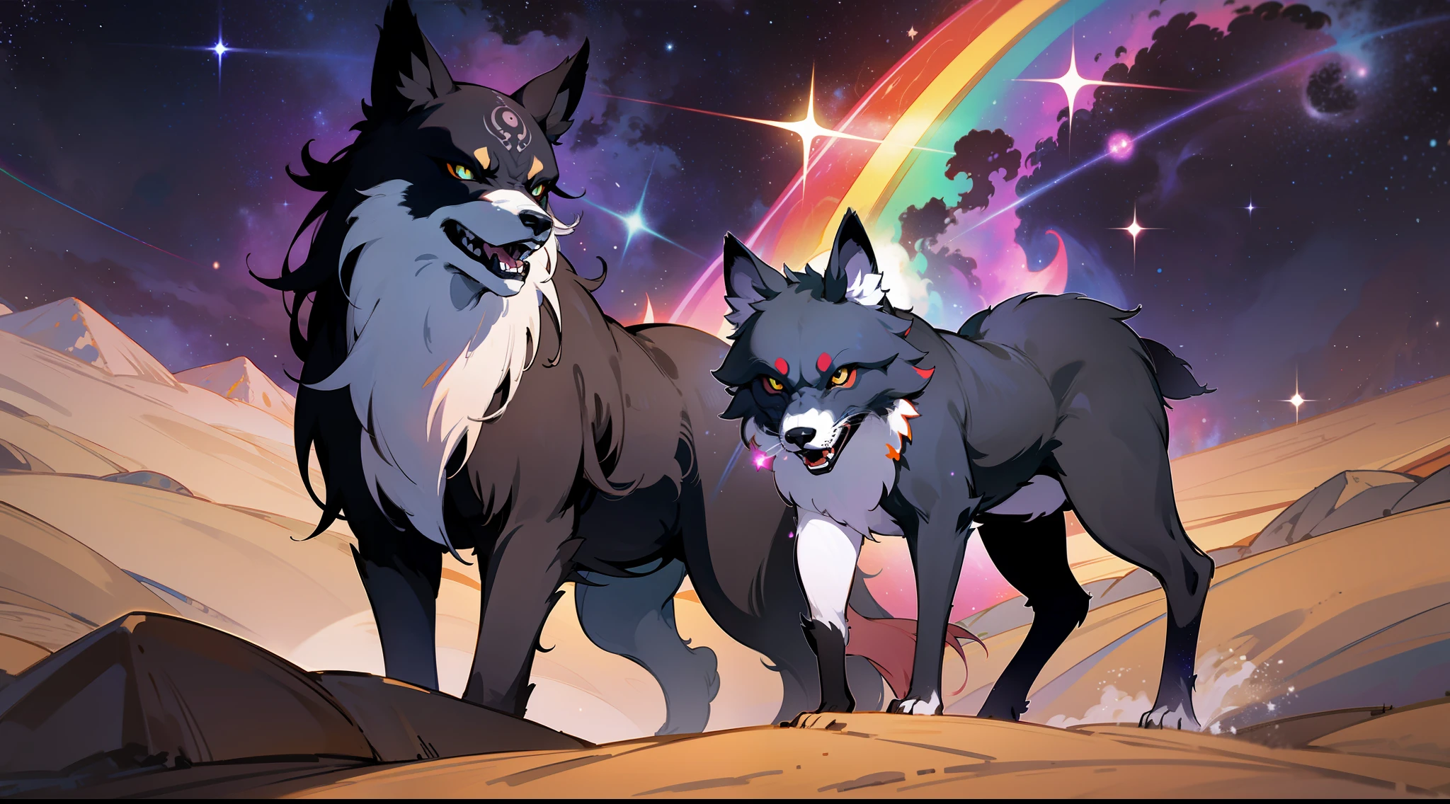 Mononoke hime, surrounded by black wolves spirits, in a desert with a cosmic tower, rainbow colored cosmic nebula background, stars, galaxies