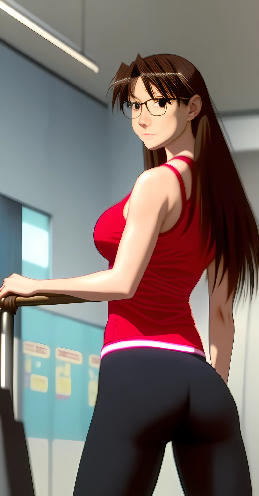 Koyomi Mizuhara, Long brunette hair, glasses, tight legging underwear, elastic bra, huge breasts, thick thighs, gym tight outfit, top, thong biker shorts leggings, sneakers, showing her ass, Skinny body, hourglass waist figure, naughty poses, only fans pictures, NSFW, teasing her ass, legs spread, view from behind, ass tease, koyomi leaning against the pole, sexy wednesdays, flexible thighs legs, ass sticking out, naughty girl look, bubble butt, huge ass, grinding the pole line, dirty pole dancing poses,