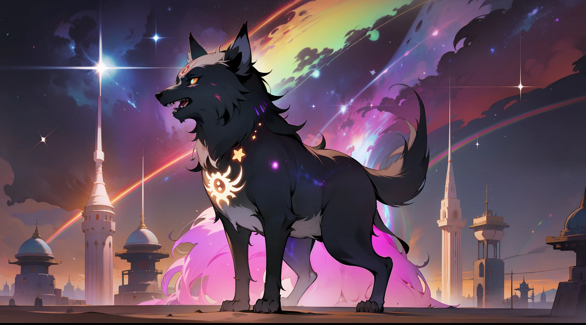 Mononoke hime, surrounded by black wolves spirits, in a desert with a cosmic tower, rainbow colored cosmic nebula background, stars, galaxies