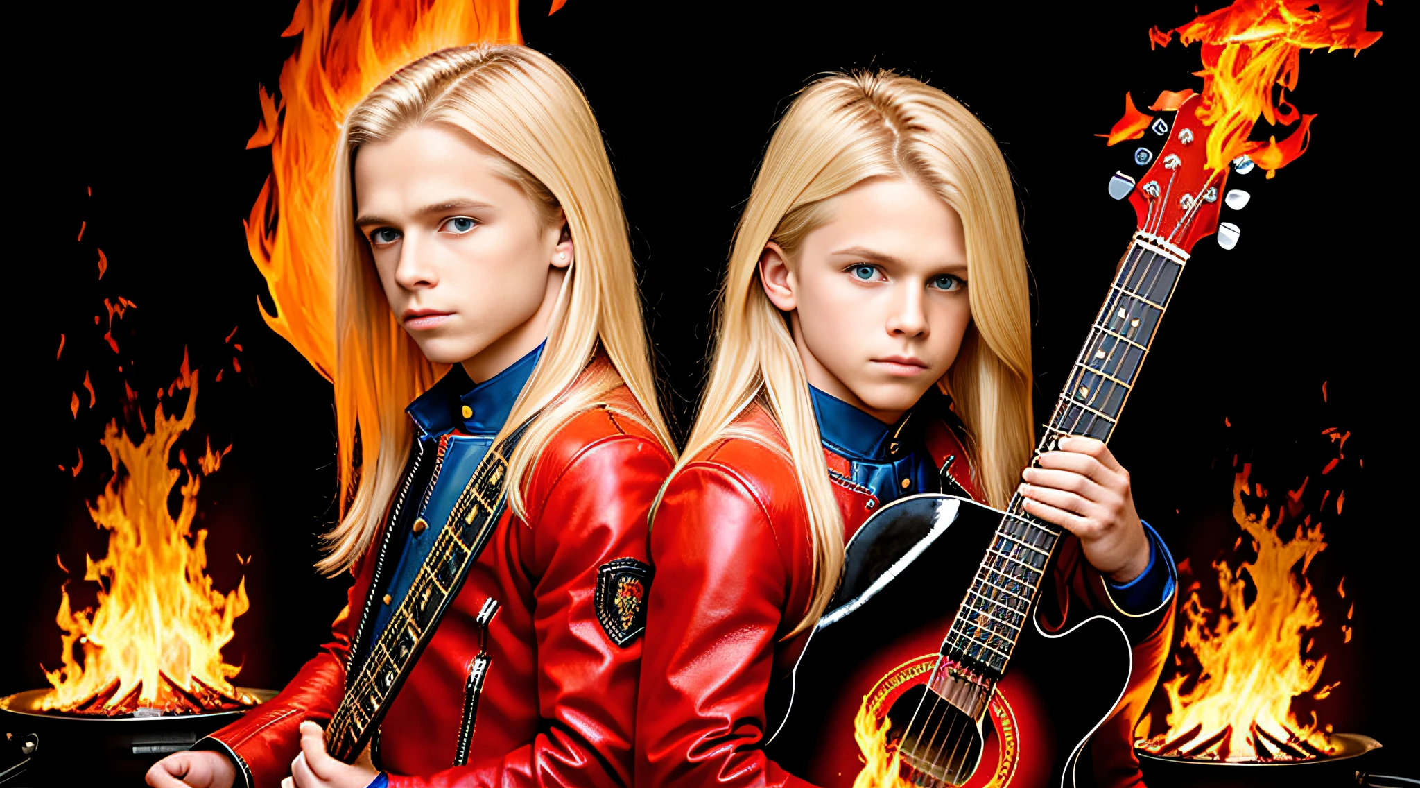 blonde haired boy with blue eyes and long blonde hair in a red leather jacket with guitar, straight hair, next gen, childish, boy hair, three futuristic princes, by Mirabello Cavalori, by derek zabrocki, beautiful symmetrical faces, children, by Bernardino Mei, children, by Zahari Zograf, beautiful boys, digital art. realistic photo, twins, fire music photo, elemental, portraitPORTRAT STYLE, flames are glowing in the dark with a reflection of fire, fire flames, flames in the background, fire and flames, flames in the background, roaring place of fire, flames of fire in the background, flames in flames, background flames, red flames in the background, fire and flames and smoke,  fire on fire, many flames, flame and fire, fire in the background, multiple flames