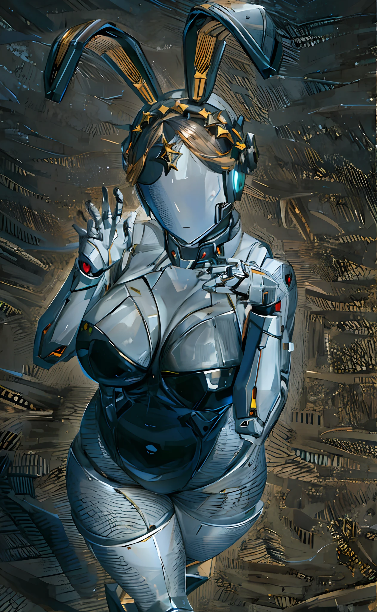 there is a woman in a bunny suit posing for a picture, pregnant female cyborg, retrofuturistic female android, biblical female android, cyborg woman, female cyborg, cyborg fashion model, beautiful cyborg girl pinup, cyborg - girl, inspired by Eve Ryder, cyborg noble woman, cyborg girl, simple futurist cyborg empress, divine render, perfect cyborg female, sci-fi android female