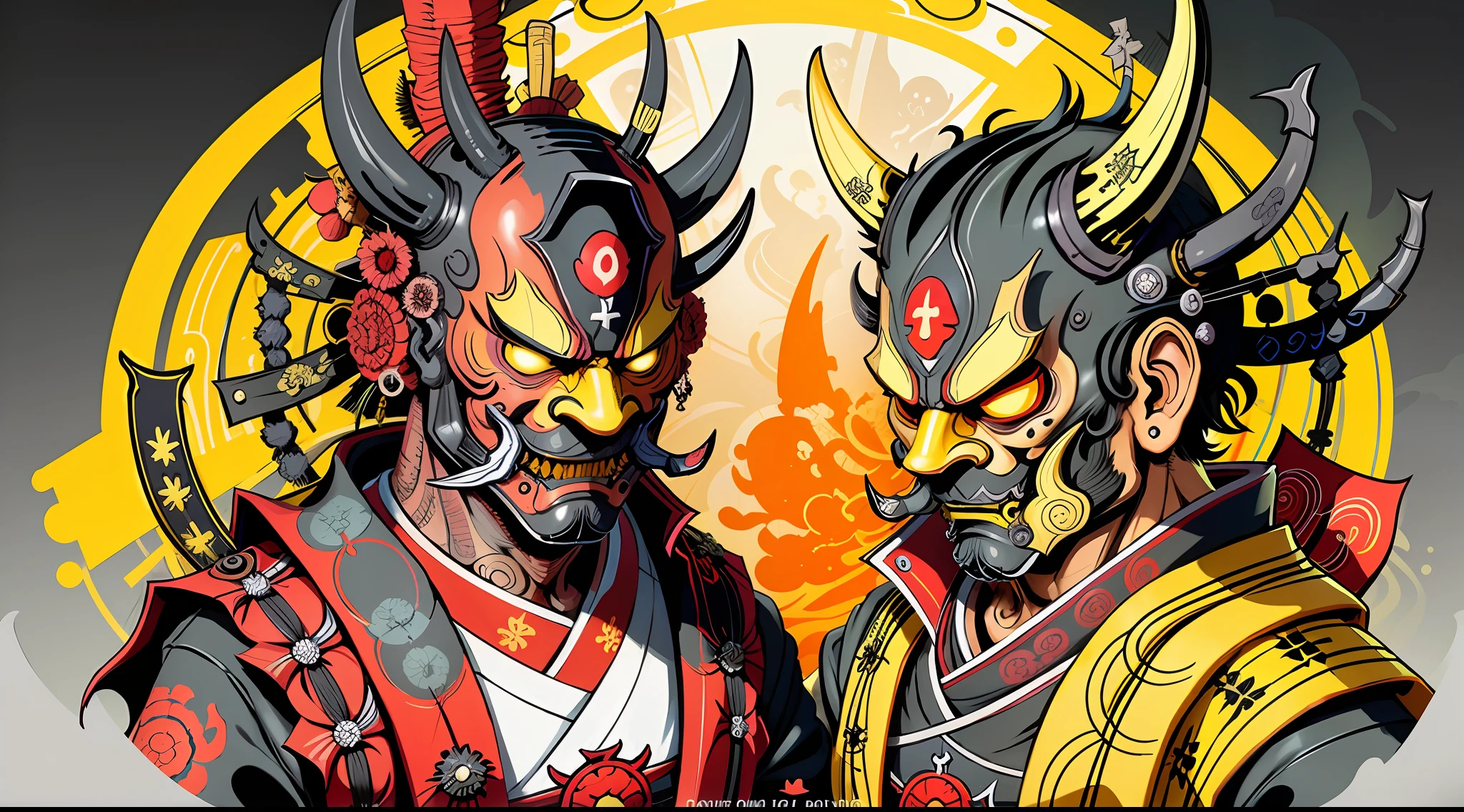 black and yellow, Hannya style 0mib mask, illustrator, masterpiece, high quality, 8k, high resolution, high detailed, japanese, samurai