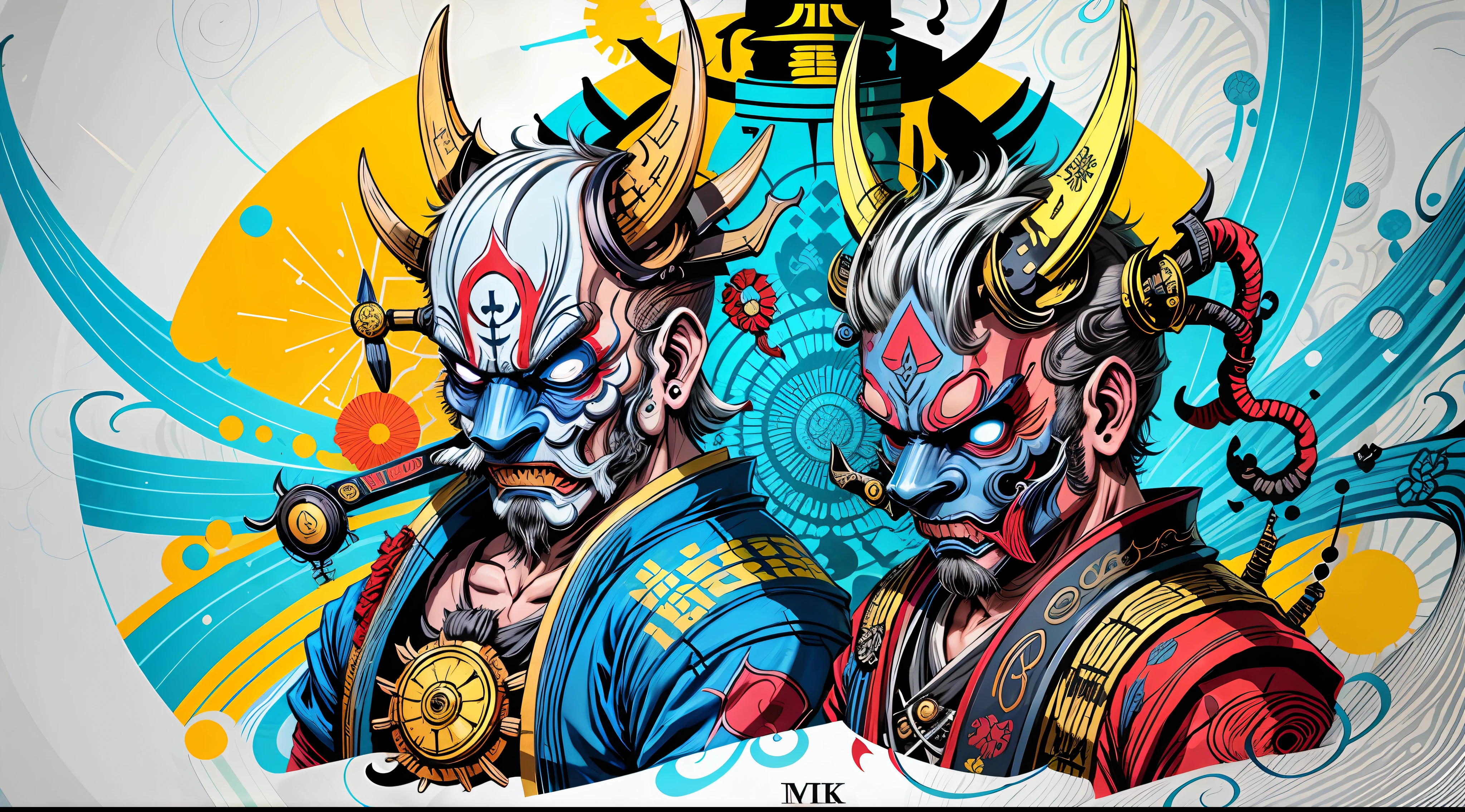 blue and yellow, Hannya style 0mib mask, illustrator, masterpiece, high quality, 8k, high resolution, high detailed, Japanese, samurai