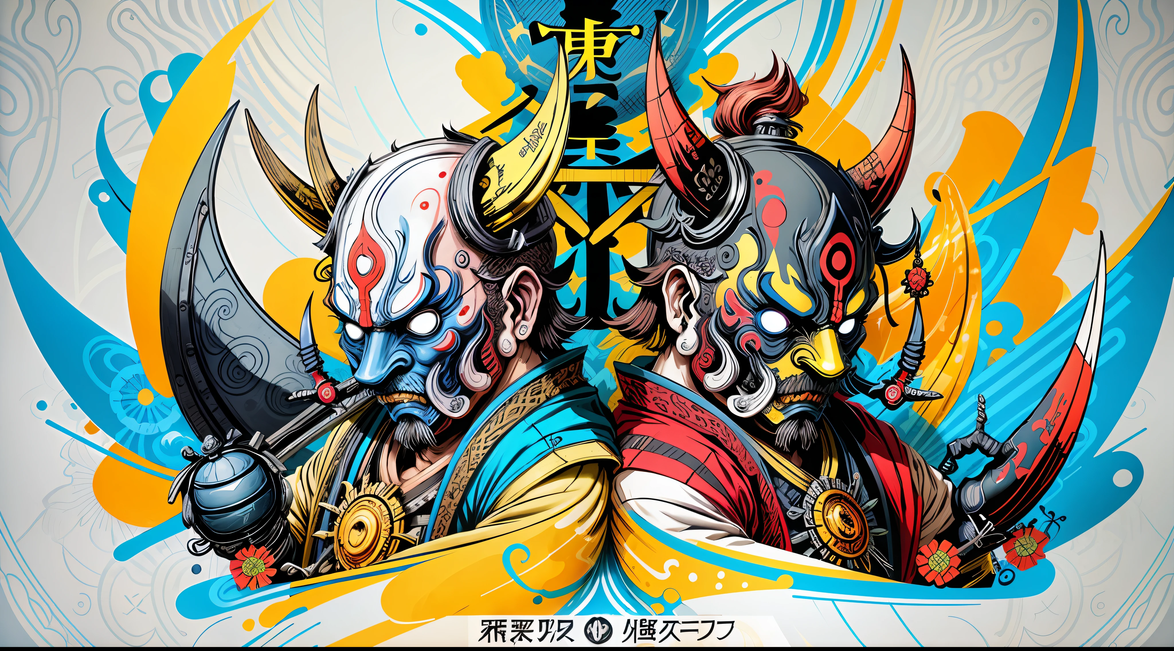 blue and yellow, Hannya style 0mib mask, illustrator, masterpiece, high quality, 8k, high resolution, high detailed, Japanese, samurai