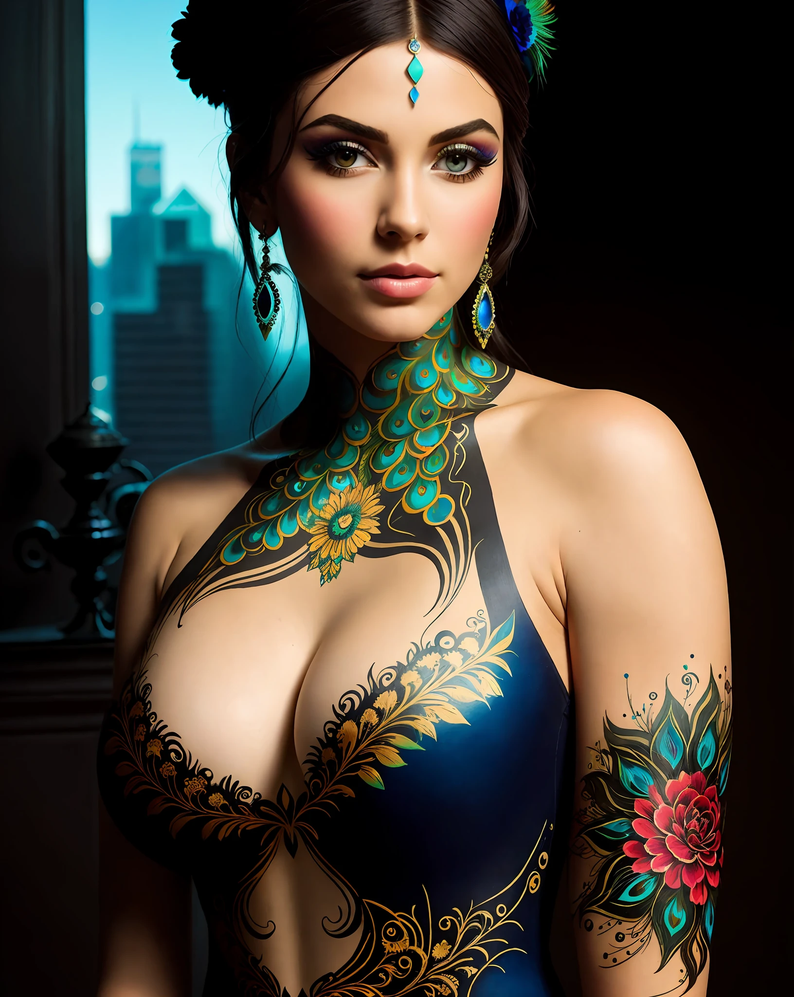 Super charming body paint with bright colors, peacock feathers painted on the arm