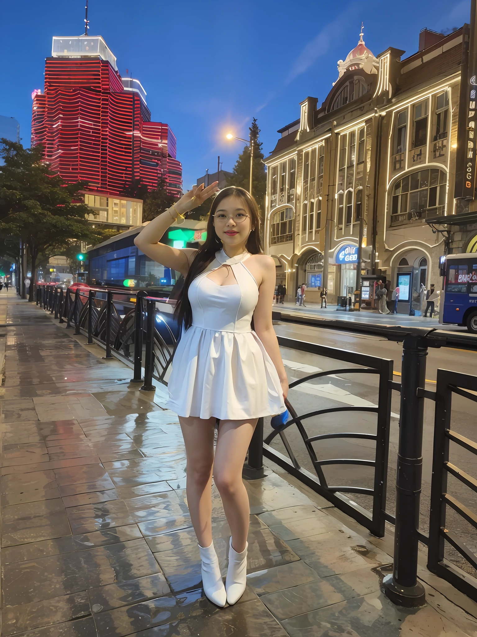 araffe woman in a white dress posing on a sidewalk, in city street, wearing a cute white dress, wearing a wet white short dress, wearing white dress, standing in a city center, in city street at night, taken in 2 0 2 0, f / 1. 9 6. 8 1 mm iso 4 0, full body cute young lady