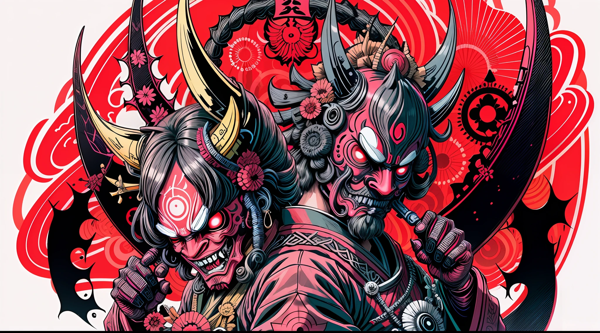 black and pink, Hannya style 0mib mask, illustrator, masterpiece, high quality, 8k, high resolution, high detailed, Japanese, samurai