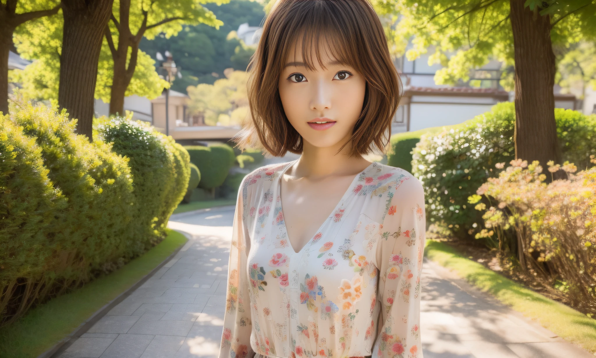 (Top Quality, 8k, 32k, Masterpiece, UHD: 1.2), Cute Japan Woman Photos, Semi-Bob Hair, ((Small)))), Full Body Shot, Double Eyelids, Highly Detailed Face and Skin Texture, Full Body Shot, Brown Hair, One Piece Shirt, Overexposed