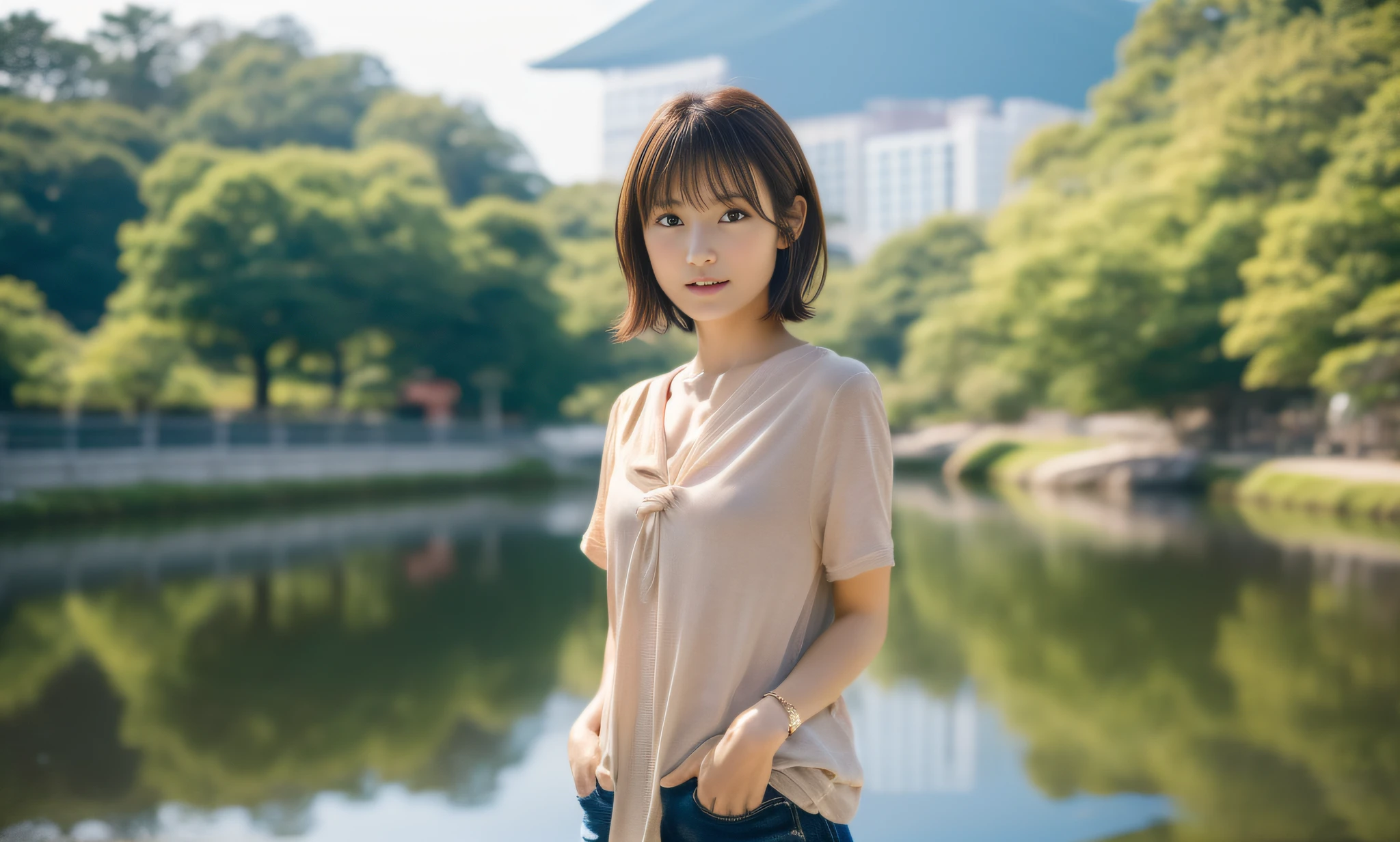 (Top Quality, 8k, 32k, Masterpiece, UHD: 1.2), Cute Japan Woman Photos, Semi-Bob Hair, ((Small)))), Full Body Shot, Double Eyelids, Highly Detailed Face and Skin Texture, Full Body Shot, Brown Hair, One Piece Shirt, Overexposed