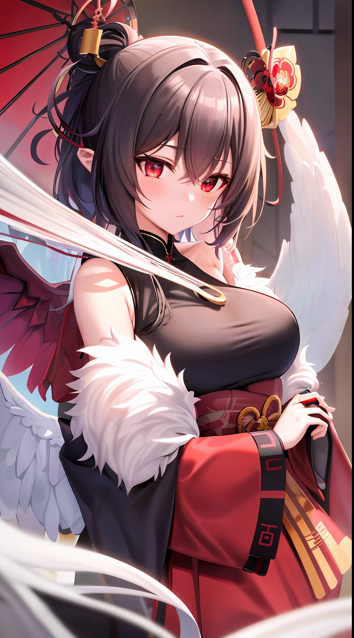 masterpiece, best quality, ultra-detailed, CG illustration, high resolution, better lighting, best shadow, extremely delicate and beautiful, appropriate shading, HD, 8k, ray tracing, hyper detailed and sharp background, perfect lights, anime style, Inspired by the game Mahokenshi: House of Ruby (Tengu, winged mountain kami, aggressive, red and white colors), strength, samuraipunk, solo, 1 woman, black hair, red eyes, adult, obi tassel,