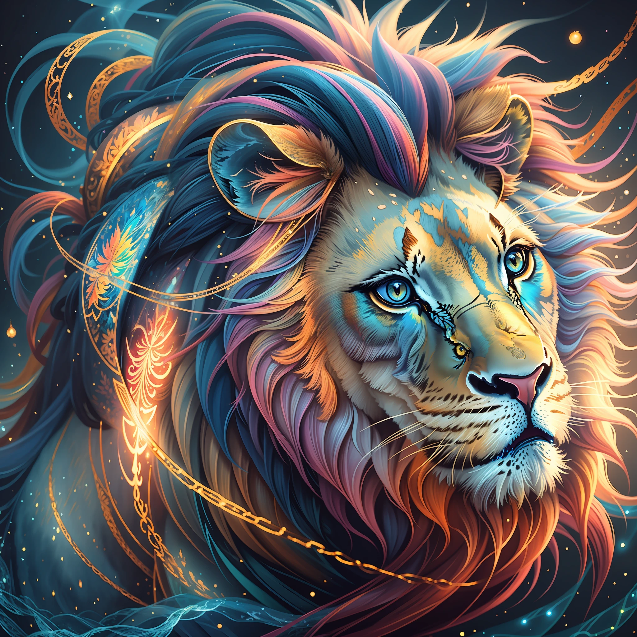 a painting of a colored lion on a black background, breathtaking rendering, within a radiant connection, inspired by Kinuko Y. Craft,, magical elements, wow, is beautiful, casting a multi colorful spell, bright flash, flash