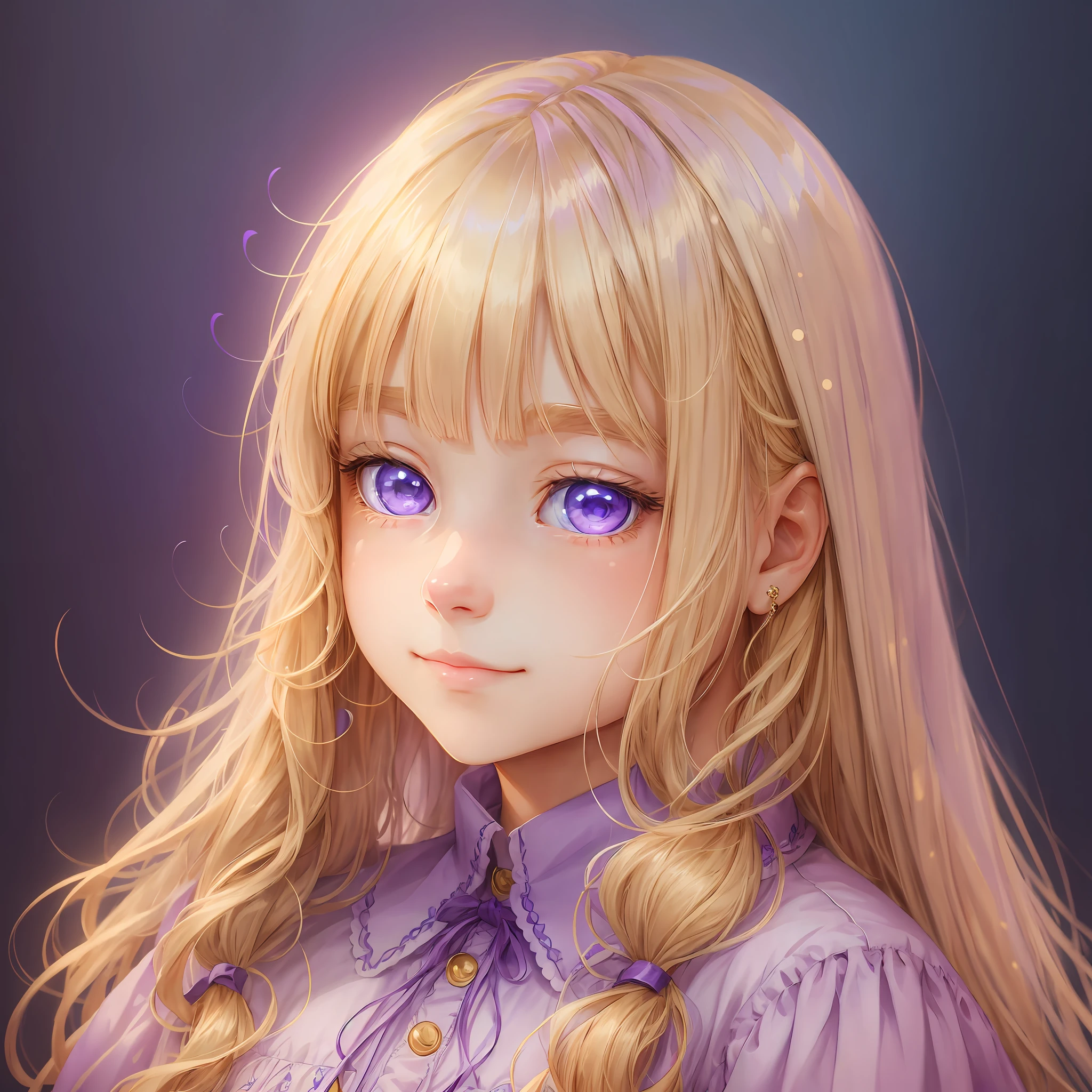 human girl with blond hair, blue eyes, angelic face, wearing purple clothes, with a soft smile