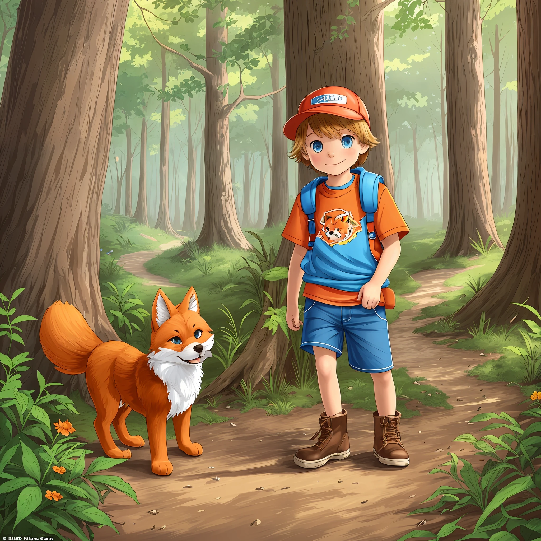 illustrations, such as hand-drawn drawings, with vivid colors and charming details. António is a 10 year old boy, with blond hair and light brown eyes, who wears a blue cap and a red t-shirt, brown shorts and brown boots, cheerful and adventurous. The orange fur fox should appear. And also other children. The setting is a forest --auto --s2