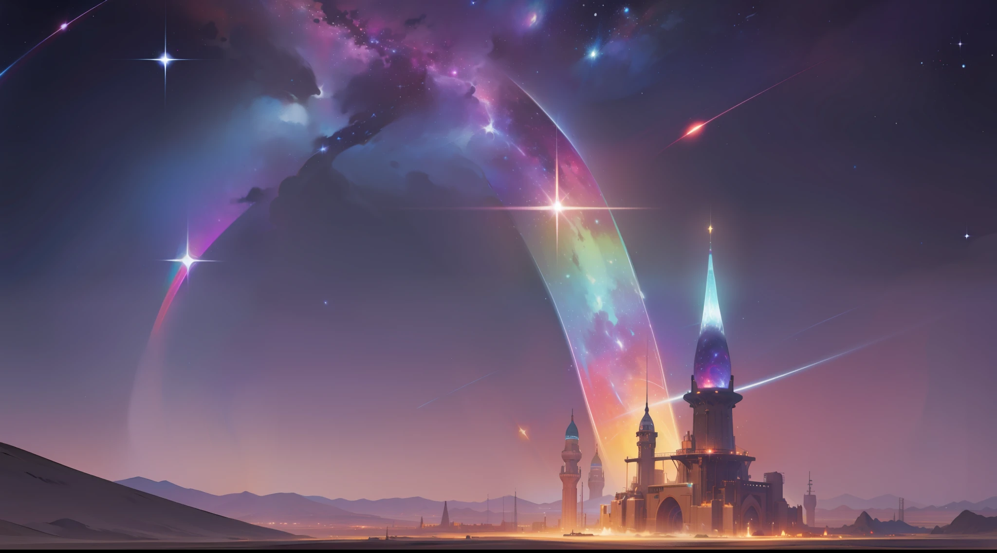 a cosmic tower in a lonely desert, rainbow colored cosmic nebula sky background, stars, galaxies
