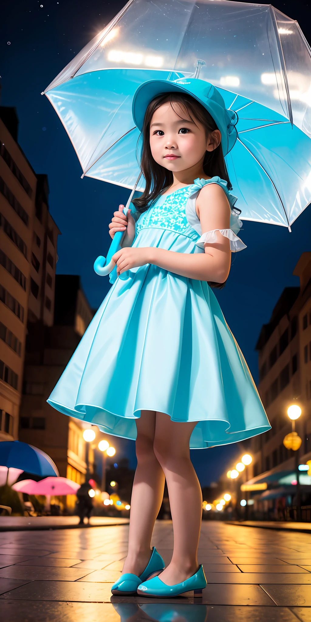 girl with cyan dress, girl posing at the camera on a city, city background, cyan hat, realistic photo, realistic skin, HD, Night time, Lamps all around from the city, people's from background's, 10 yea white umbrella, little girl holding a whirella, no extra arms, no extra legs