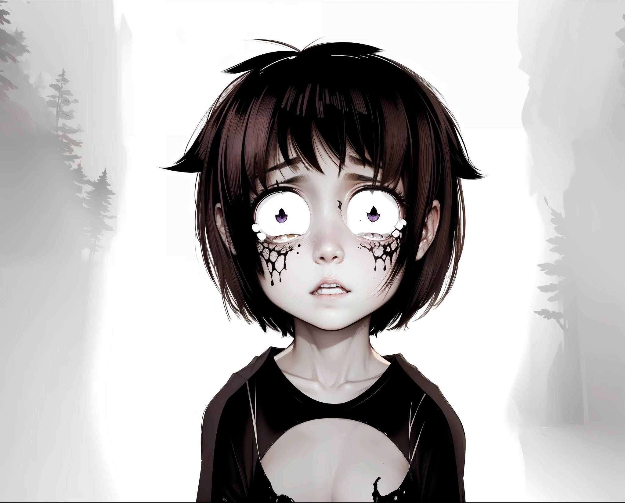 girl, thin, short hair, brown eyes, scared expression, sad expression, showing scared teeth, tears in the eyes, purple colored veins around the eyes, black short-sleeved shirt, skull print, brown eyes, forest background night, brown eyes, no purple eyes, 8k --auto --s2