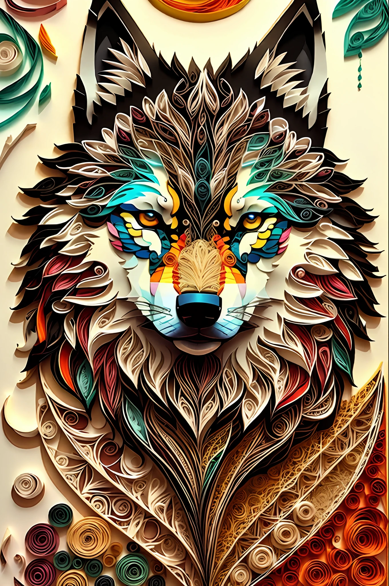 wolf,multi dimensional paper quilling, art, chibi,
yang08k,  beautiful,  colorful,
masterpieces, top quality, best quality, official art, beautiful and aesthetic,