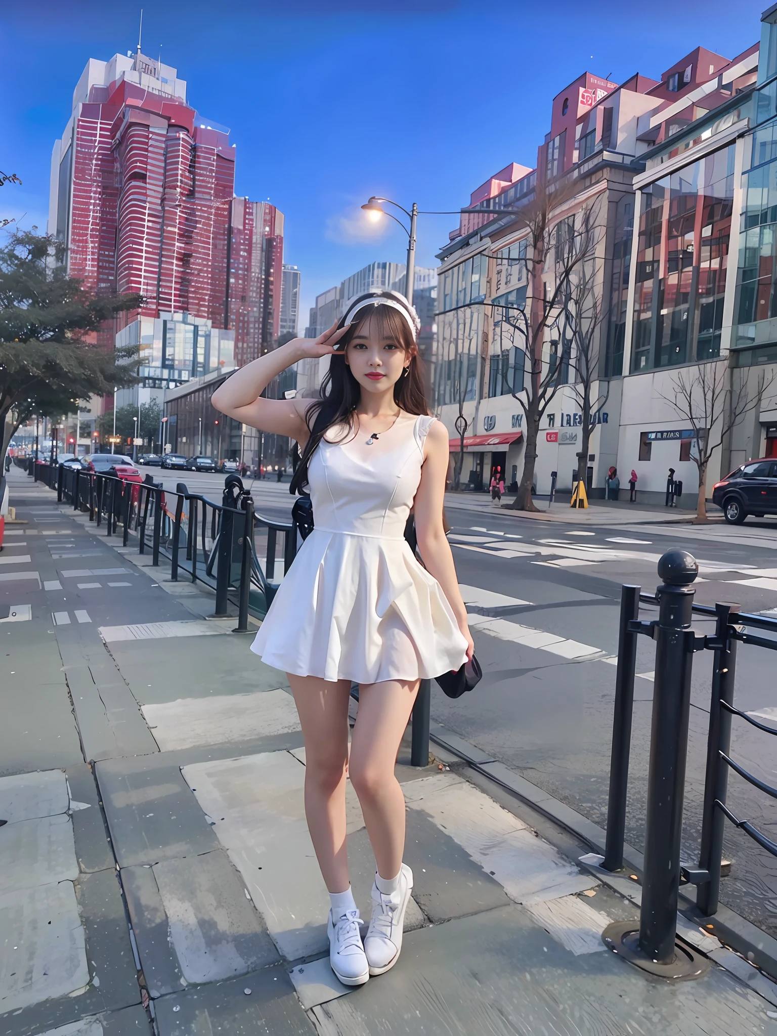 araffe woman in a white dress posing on a sidewalk, in city street, wearing a cute white dress, wearing a wet white short dress, wearing white dress, standing in a city center, in city street at night, taken in 2 0 2 0, f / 1. 9 6. 8 1 mm iso 4 0, full body cute young lady