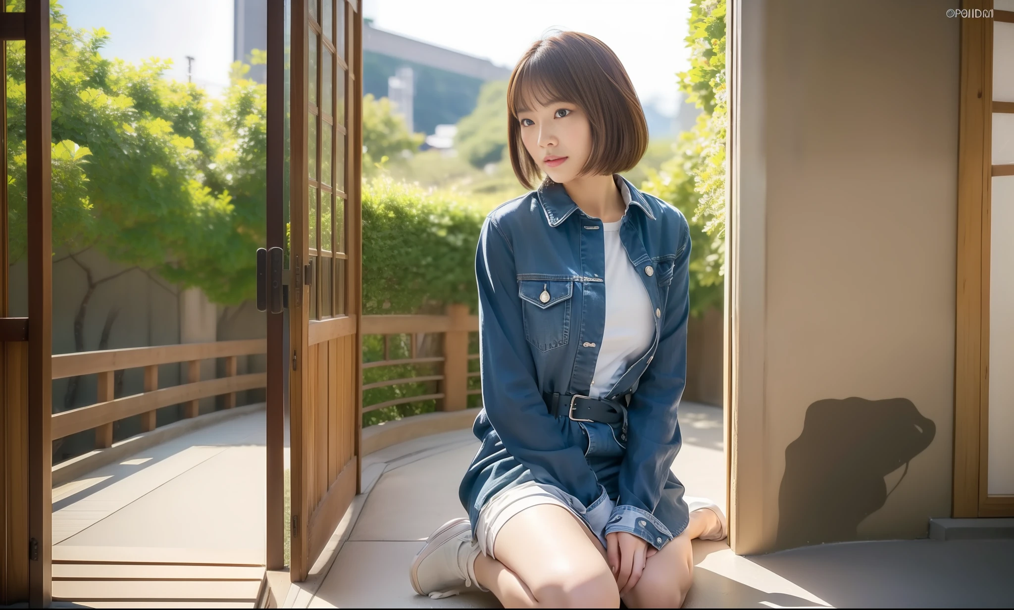 (Top Quality, 8k, 32k, Masterpiece, UHD: 1.2), Cute Japan Woman Photos, Semi-Bob Hair, ((Small)))), Full Body Shot, Double Eyelids, Highly Detailed Face and Skin Texture, Full Body Shot, Brown Hair, One Piece Shirt, Overexposed