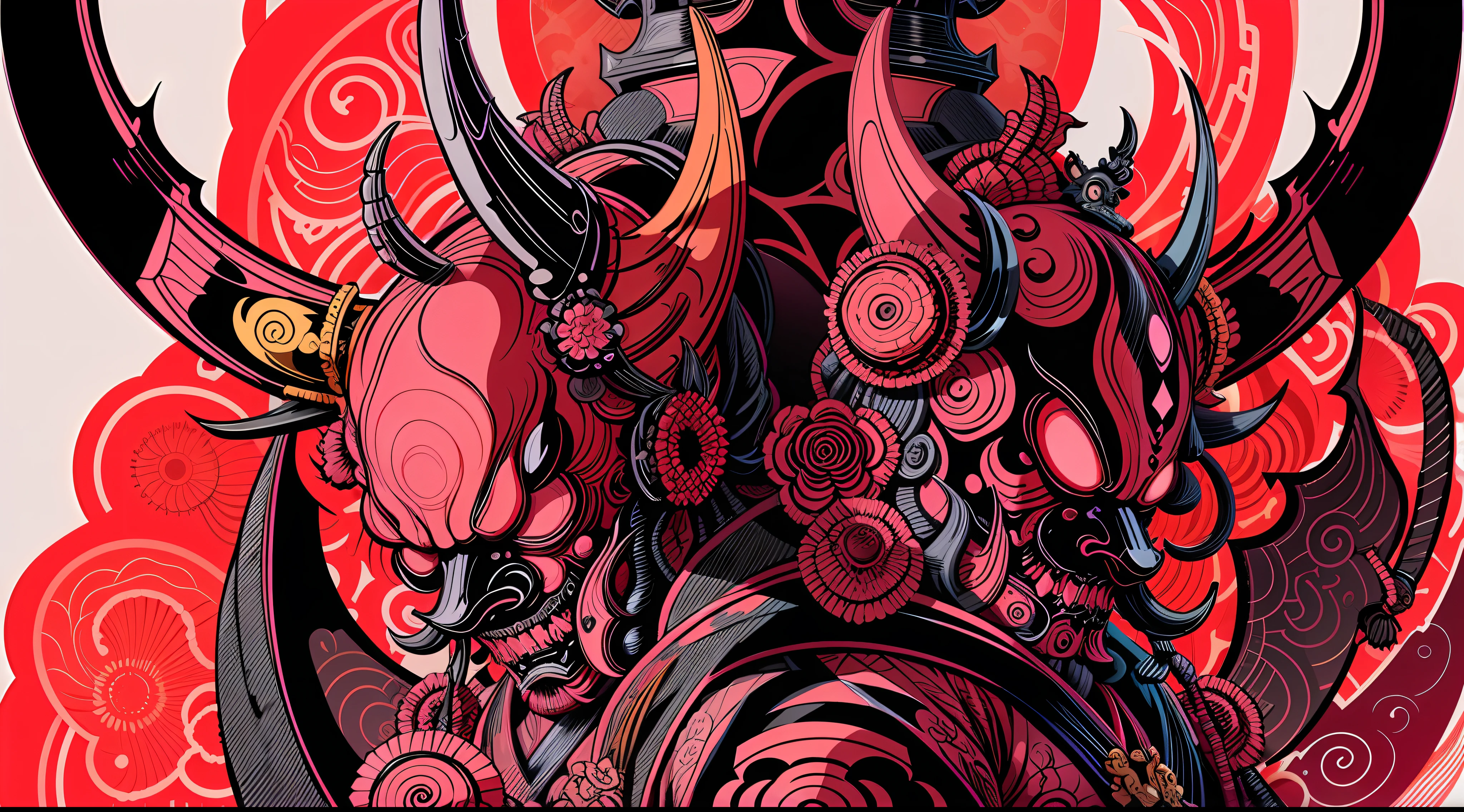 black and pink, Hannya style 0mib mask, illustrator, masterpiece, high quality, 8k, high resolution, high detailed, Japanese, samurai