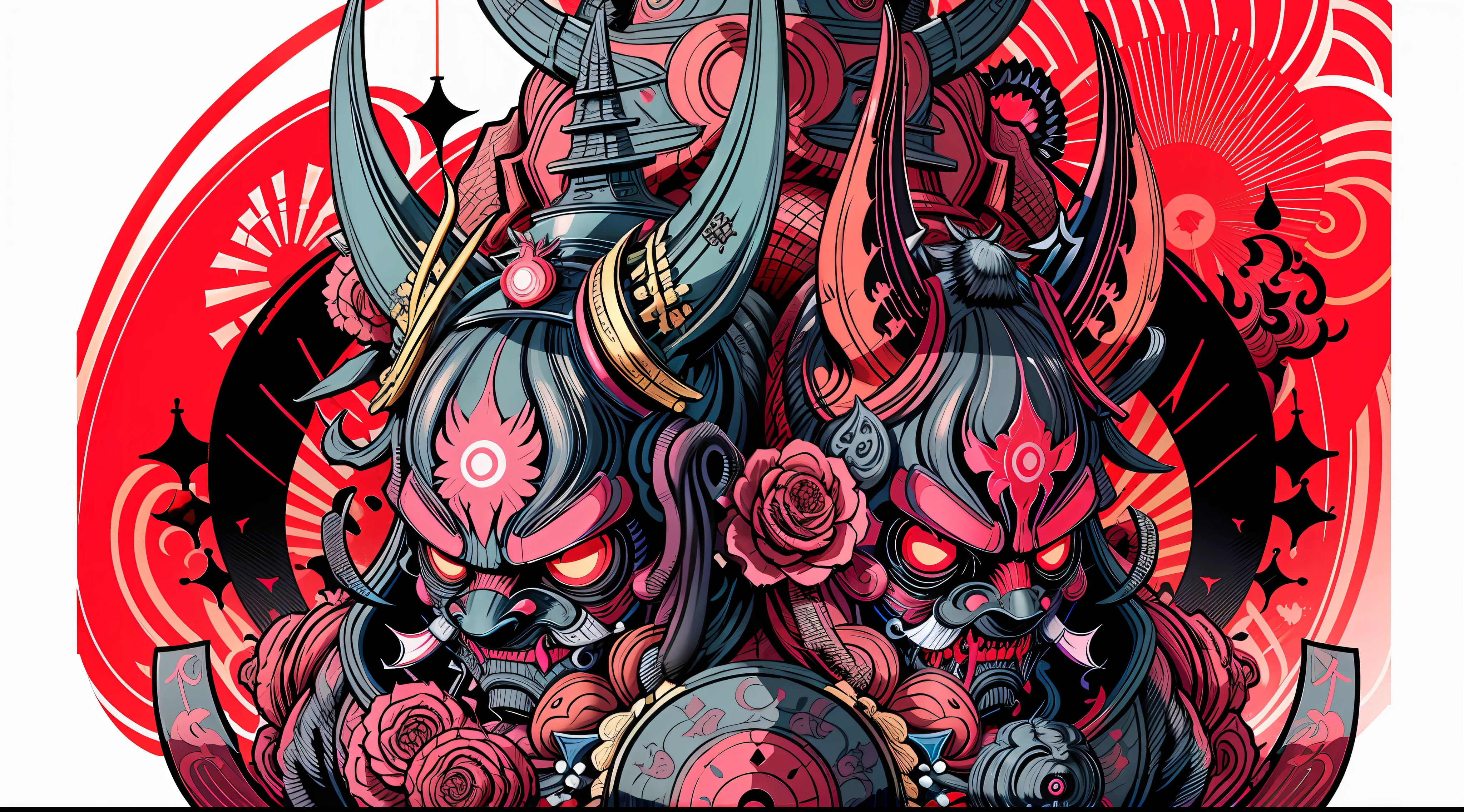 black and pink, Hannya style 0mib mask, illustrator, masterpiece, high quality, 8k, high resolution, high detailed, Japanese, samurai