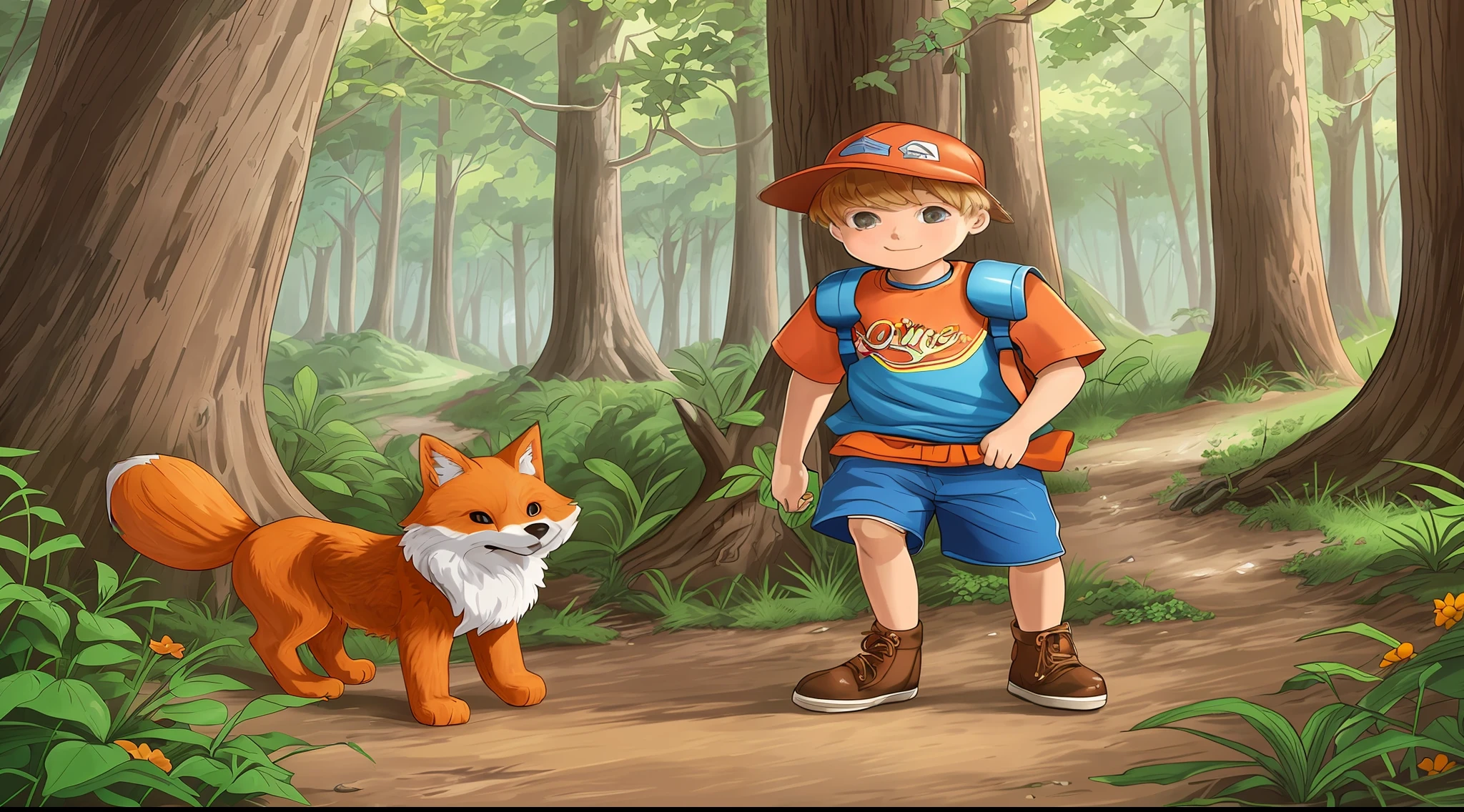 illustrations, such as hand-drawn drawings, with vivid colors and charming details. António is a boy, with blond hair and light brown eyes, who wears a blue cap and a red t-shirt, brown shorts and brown boots, cheerful and adventurous. The orange fur fox should appear. And also other children. The setting is a forest --auto --s2
