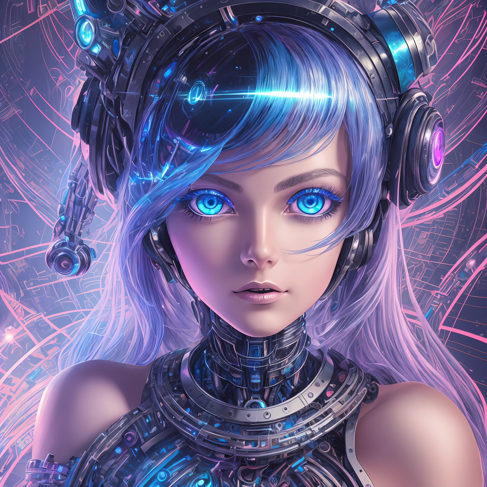 (masterpiece), best quality, ultra-detailed, extremely detailed CG unity 8k wallpaper, feminine and playful portrait of Rosto Angelina, with a cybernetic twist and futuristic elements, blue digital eyes, rainbow hair, metallic accessories, floating in a dynamic and intricate cybernetic environment, with a hint of humor and mischief. --auto --s2