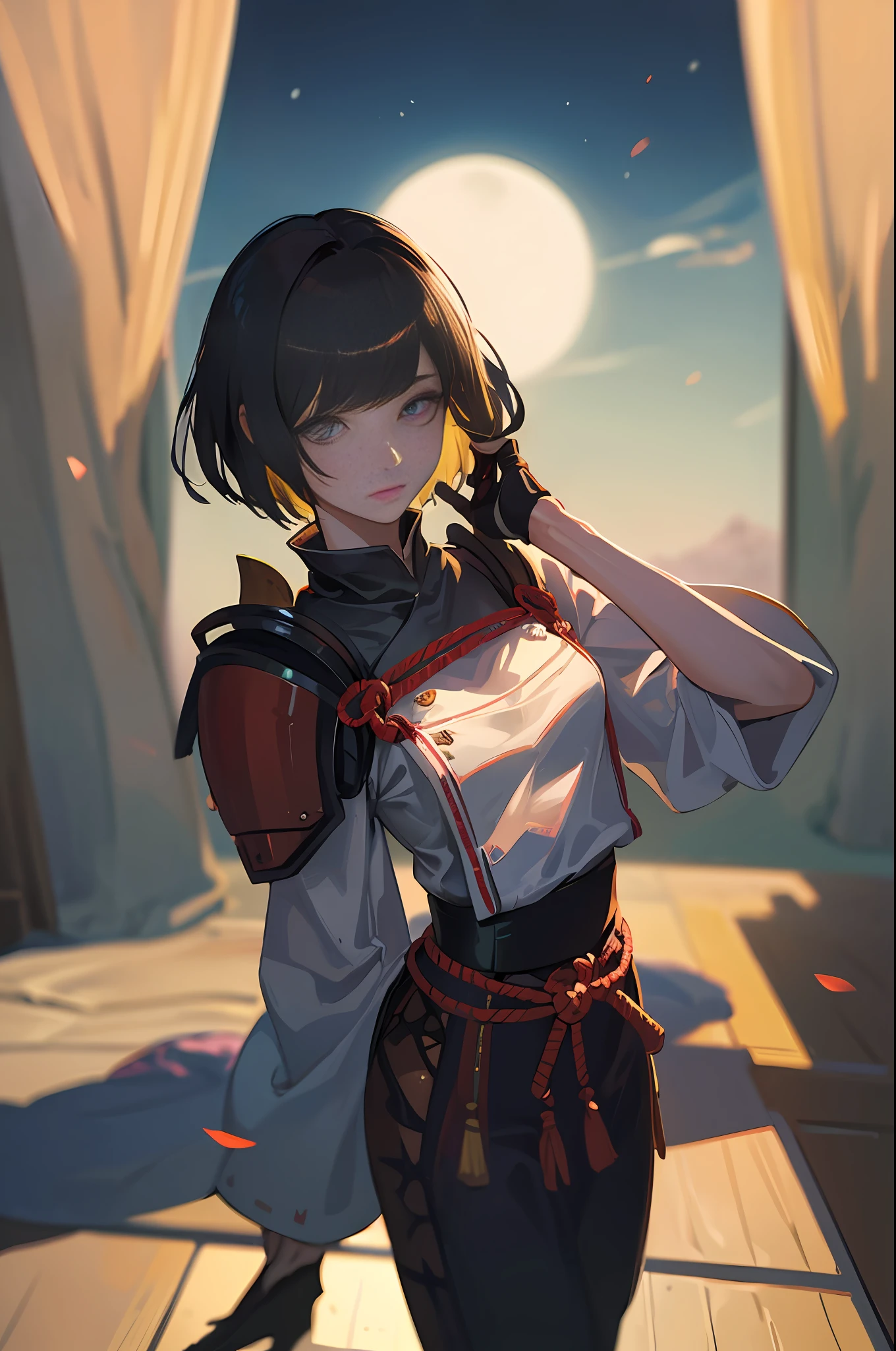 1 woman, portrait, beautiful 18 year old girl in samurai armor, SAMURAI, wearing samurai helmet, short hair, watch viewer, full moon, Japan castle, full body, slim body, small, dynamic angle, photorealistic, hyperrealistic, hyper detail, analog style, hip, low cut, detail skin, Matte skin, soft lighting, subsurface scattering, realistic, heavy shadows, masterpiece, highest quality, ultra-realistic, 8K, golden ratio, complex, high detail, film photography, soft focus, blurred background,