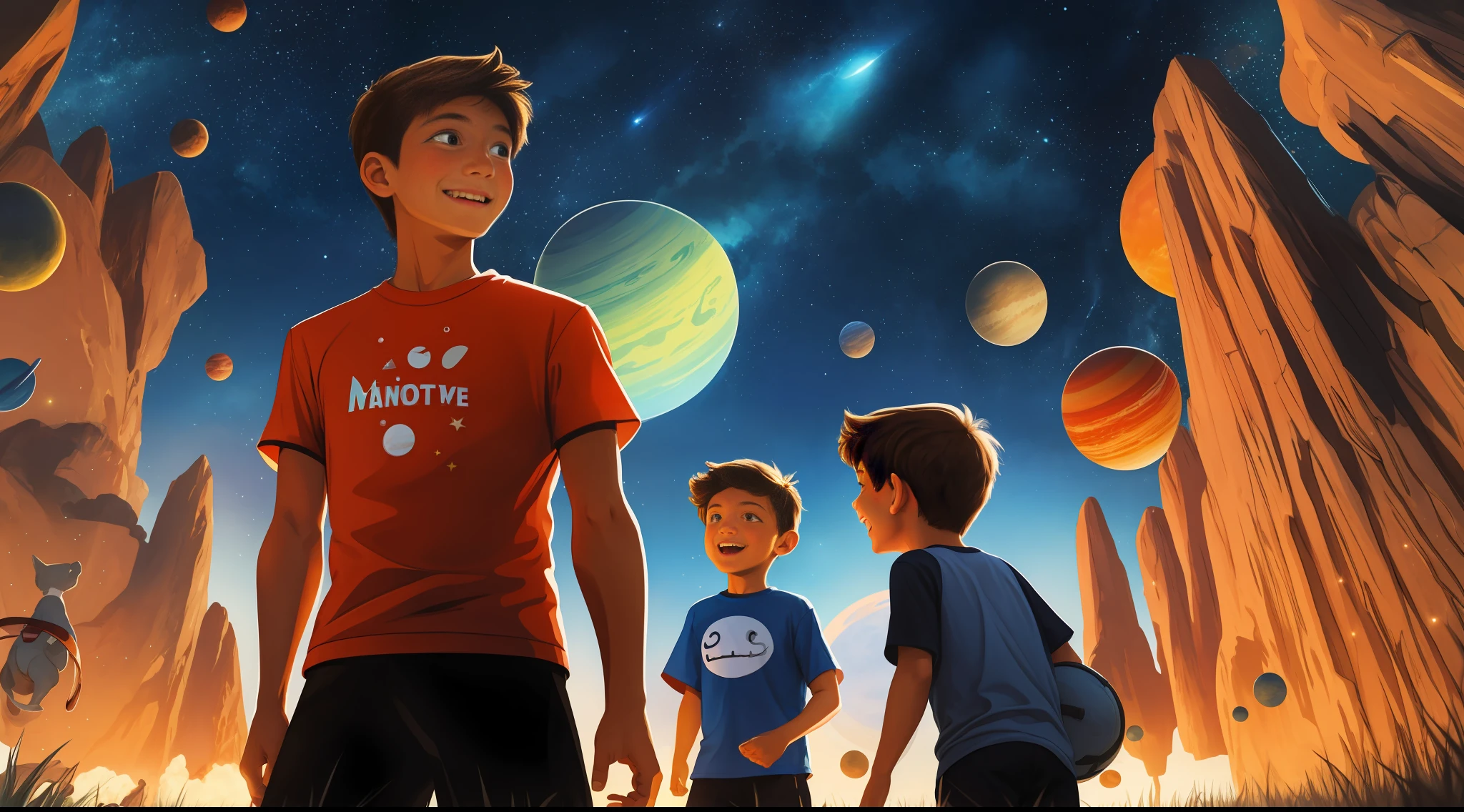 Handmade drawing style for children's stories, with strong colors and magical but realistic environment. the setting is space. Featured is a boy in shorts with light brown hair, red tshirt standing on top of an unknown planet, surrounded by creatures of different shapes and colors. Everyone is smiling and sharing happy moments together. There are bright stars in the night sky, conveying a magical and joyful atmosphere.