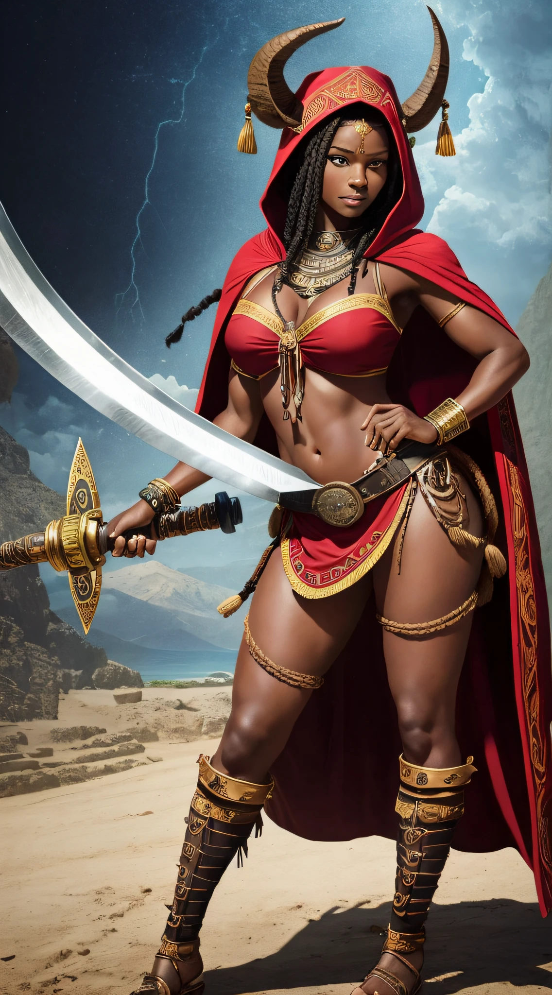 ultra-realistic photography in 8k, ultra quality, ((African steampunk girl)) (full body: 1.3) natural very dark skin, contregun, bracelet with rope thread, front character, curly dread hair, african woman, holding traditional sword in hand and other artifact made with large buffalo tail hair, hood covering head and part of face, rustic armor, bones, animal teeth, goat's horn, buffalo horn at the waist, hooded calligraphy adynkra, dark and gloomy, red skirt, woman flowing red dress calligraphy adynkra, warrior woman, north adult warrior woman, with 45 years, facial tattoo african calligraphy, storm style character with red dress, flowing cape, flowing red dress, holiness, dark skin african goddess of war, holy pose, open arm, mystic, orisha, oyá, Iansâ, Santa Barbara, holy attitude, depth of field --auto --s2
