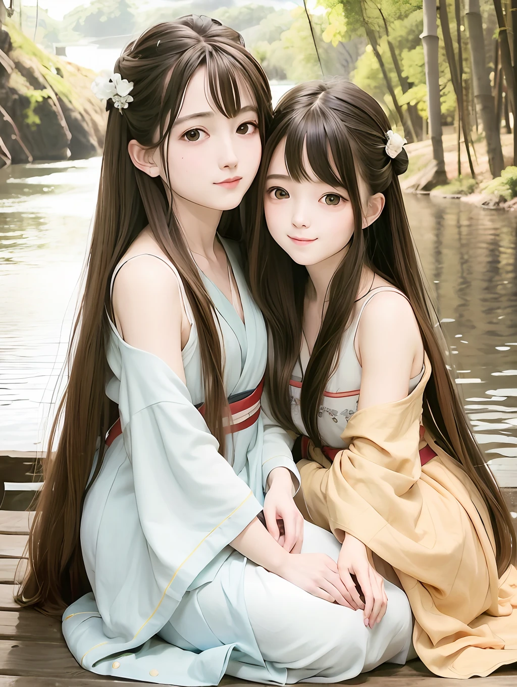Masterpiece, best quality, official art, 8k wallpaper, very detailed, illustration, couple, snuggled together, brown hair, long hair, detailed eyes, Forrest Gump, bare shoulders, hanfu, lake, pure, soft smile, bamboo, tea
