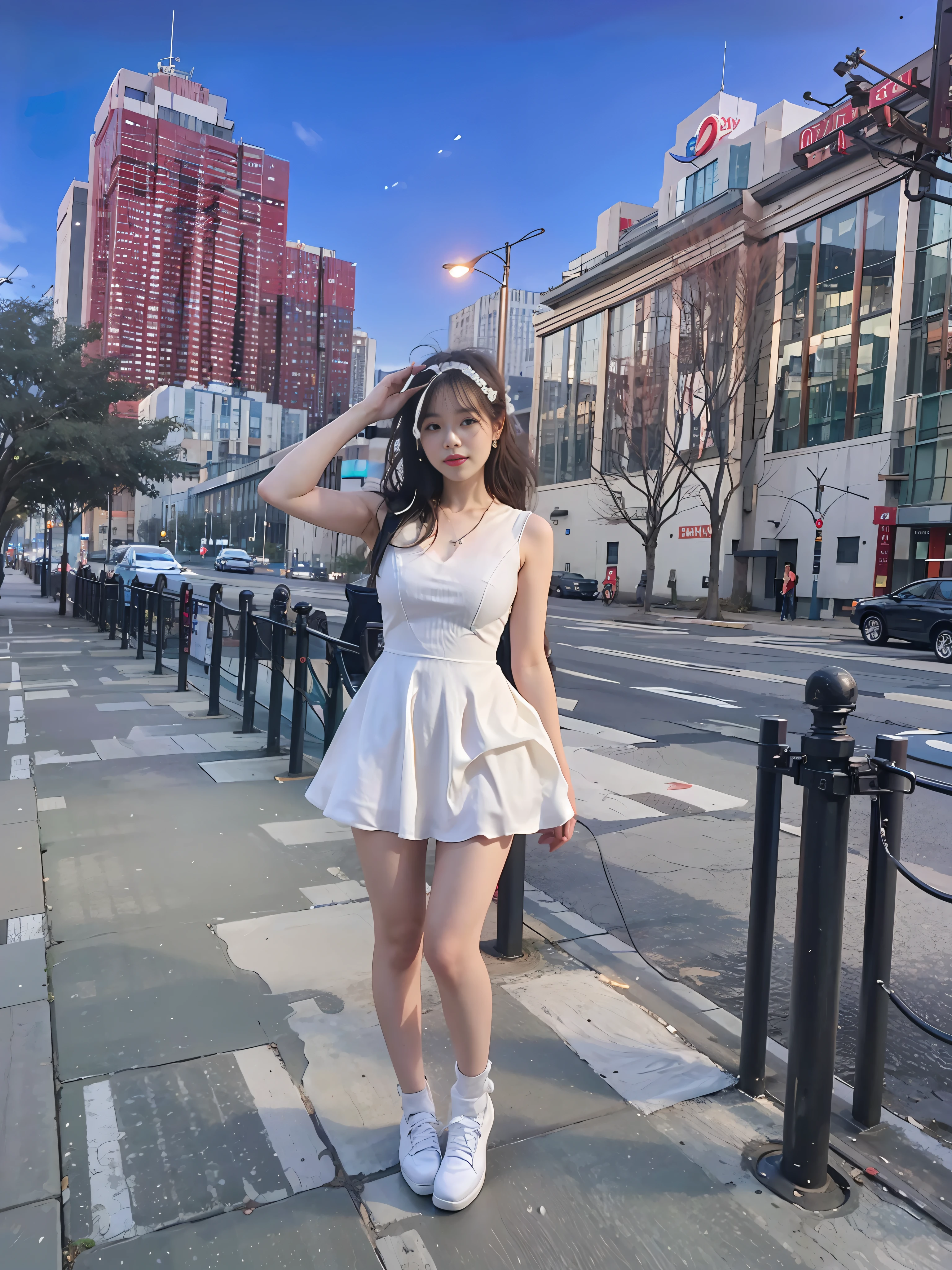 araffe woman in a white dress posing on a sidewalk, in city street, wearing a cute white dress, wearing a wet white short dress, wearing white dress, standing in a city center, in city street at night, taken in 2 0 2 0, f / 1. 9 6. 8 1 mm iso 4 0, full body cute young lady