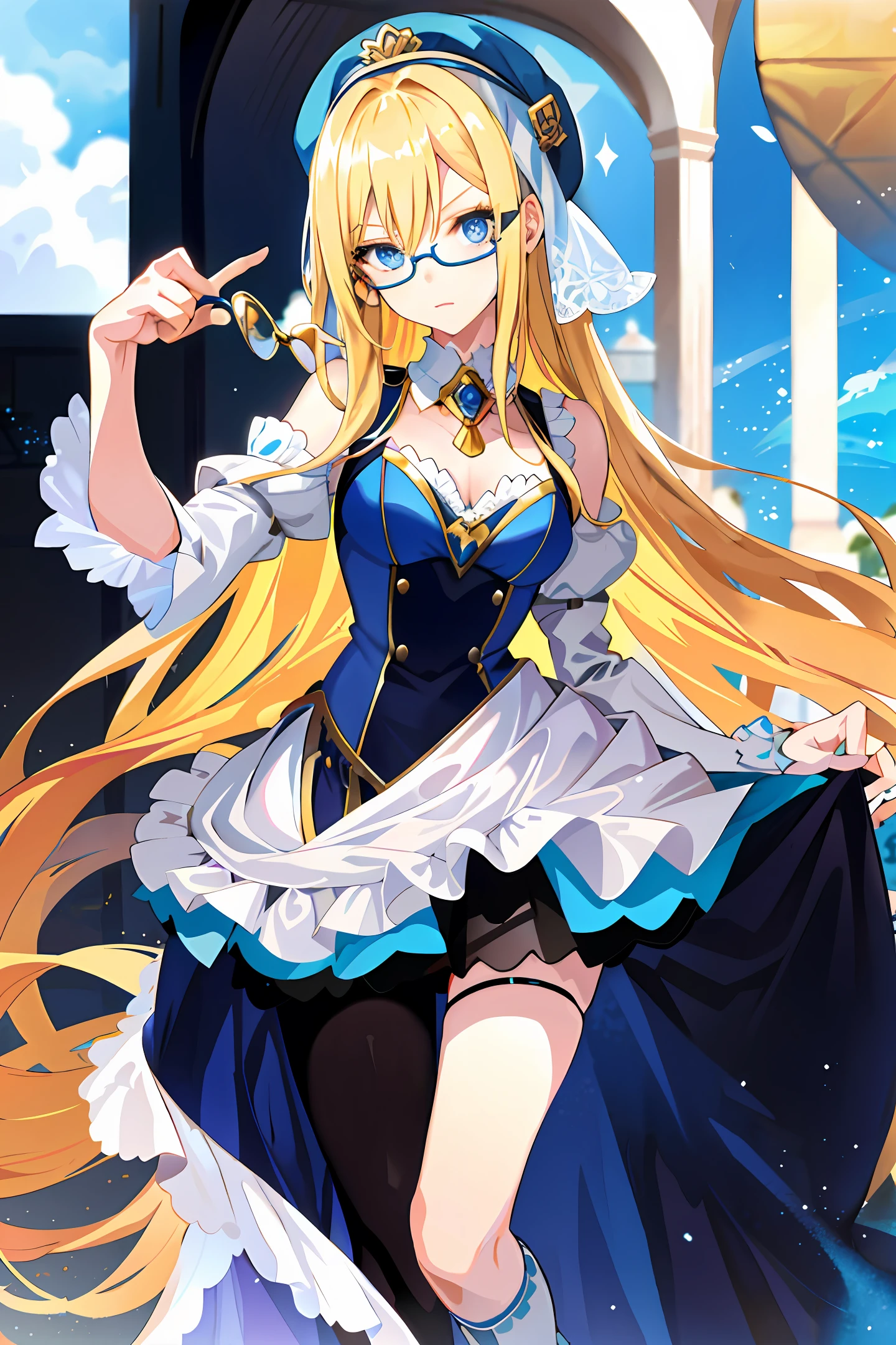 young girl with long blonde hair, blue eyes, and a slim figure. She is often seen wearing various cosplay costumes, which range from cute and colorful to more revealing outfits. In some scenes, she wears glasses and contact lenses. Overall, Marin Kitagawa's appearance is consistent with the typical anime and manga style, with exaggerated features and bright colors.