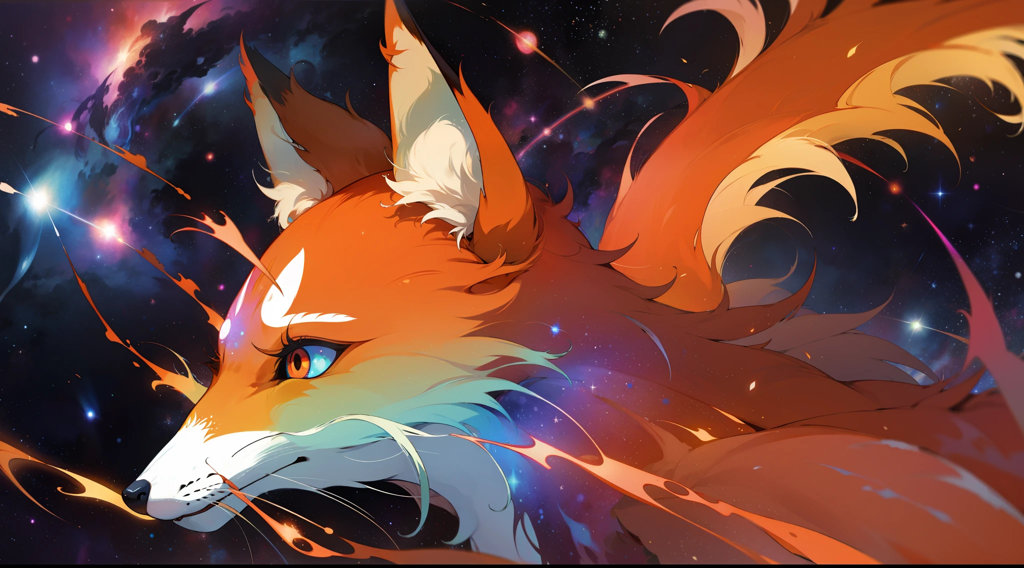Mononoke hime surrounded by flaming foxes, rainbow colored cosmic nebula sky background, stars, galaxies