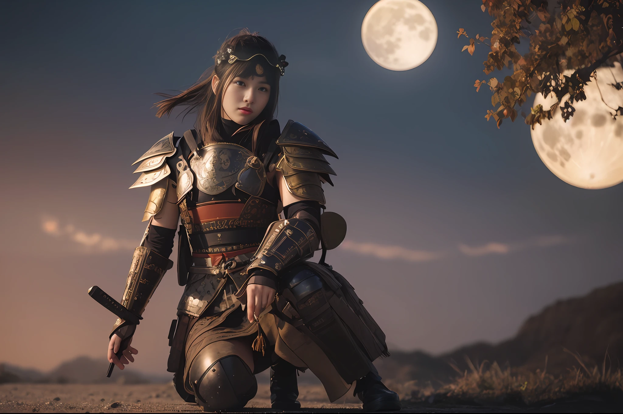 1 woman, portrait, beautiful 18 year old girl in samurai armor, SAMURAI, wearing samurai helmet, short hair, watch viewer, full moon, Japan castle, full body, slim body, small, dynamic angle, photorealistic, hyperrealistic, hyper detail, analog style, hip, low cut, detail skin, Matte skin, soft lighting, subsurface scattering, realistic, heavy shadows, masterpiece, highest quality, ultra-realistic, 8K, golden ratio, complex, high detail, film photography, soft focus, blurred background,
