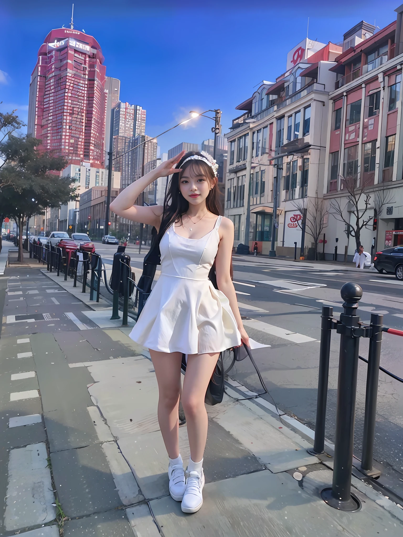araffe woman in a white dress posing on a sidewalk, in city street, wearing a cute white dress, wearing a wet white short dress, wearing white dress, standing in a city center, in city street at night, taken in 2 0 2 0, f / 1. 9 6. 8 1 mm iso 4 0, full body cute young lady