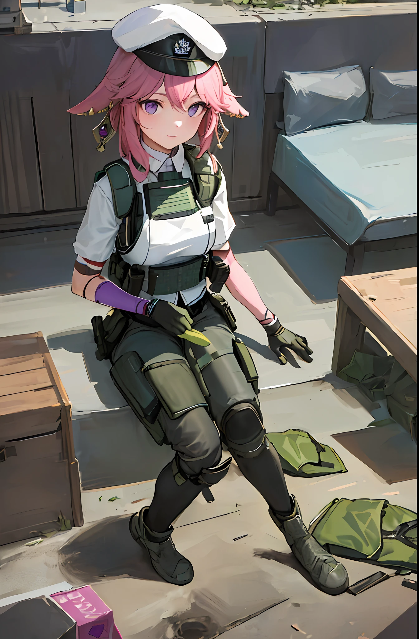 (masterpiece, best quality, ultra-detailed, illustration), beautiful face, solo, perfect body, 1girl, solo, standing, gloves, white t-shirt, (body armor:1.3), (science fiction:1.2), green pants, tactical clothes , (green baseball cap:1.2), (bulletproof vest:1.3), (mechanical arms:1.2), Pink hair , purple eyes, yae miko