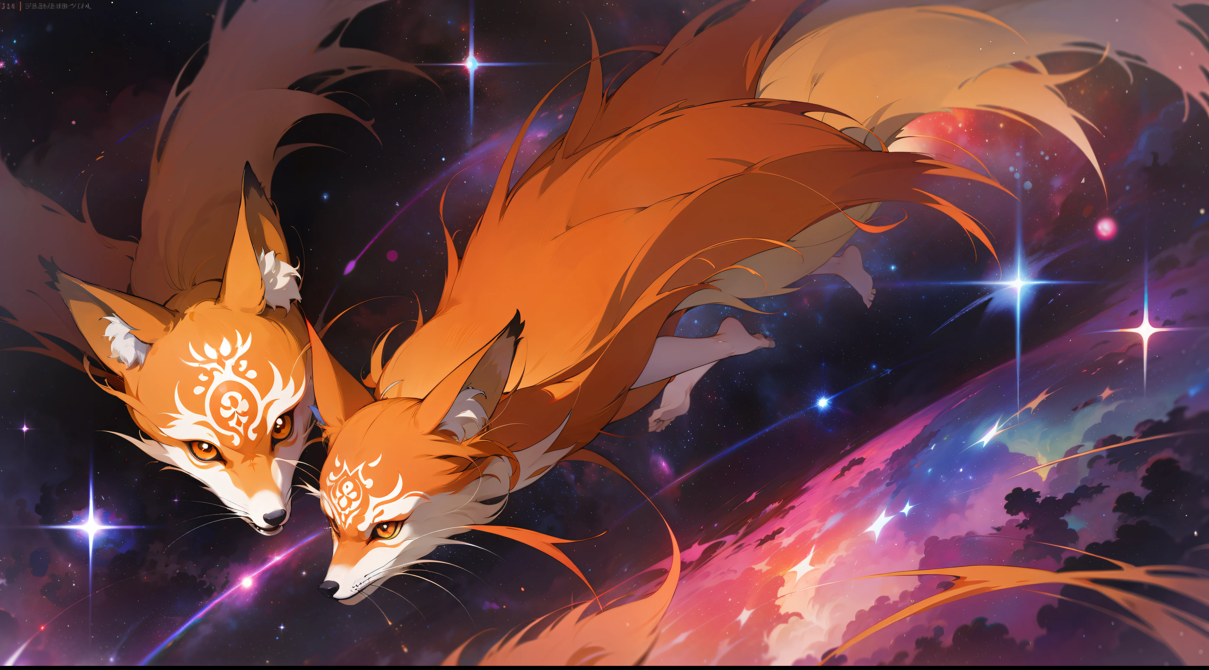 Mononoke hime surrounded by flaming foxes, rainbow colored cosmic nebula sky background, stars, galaxies