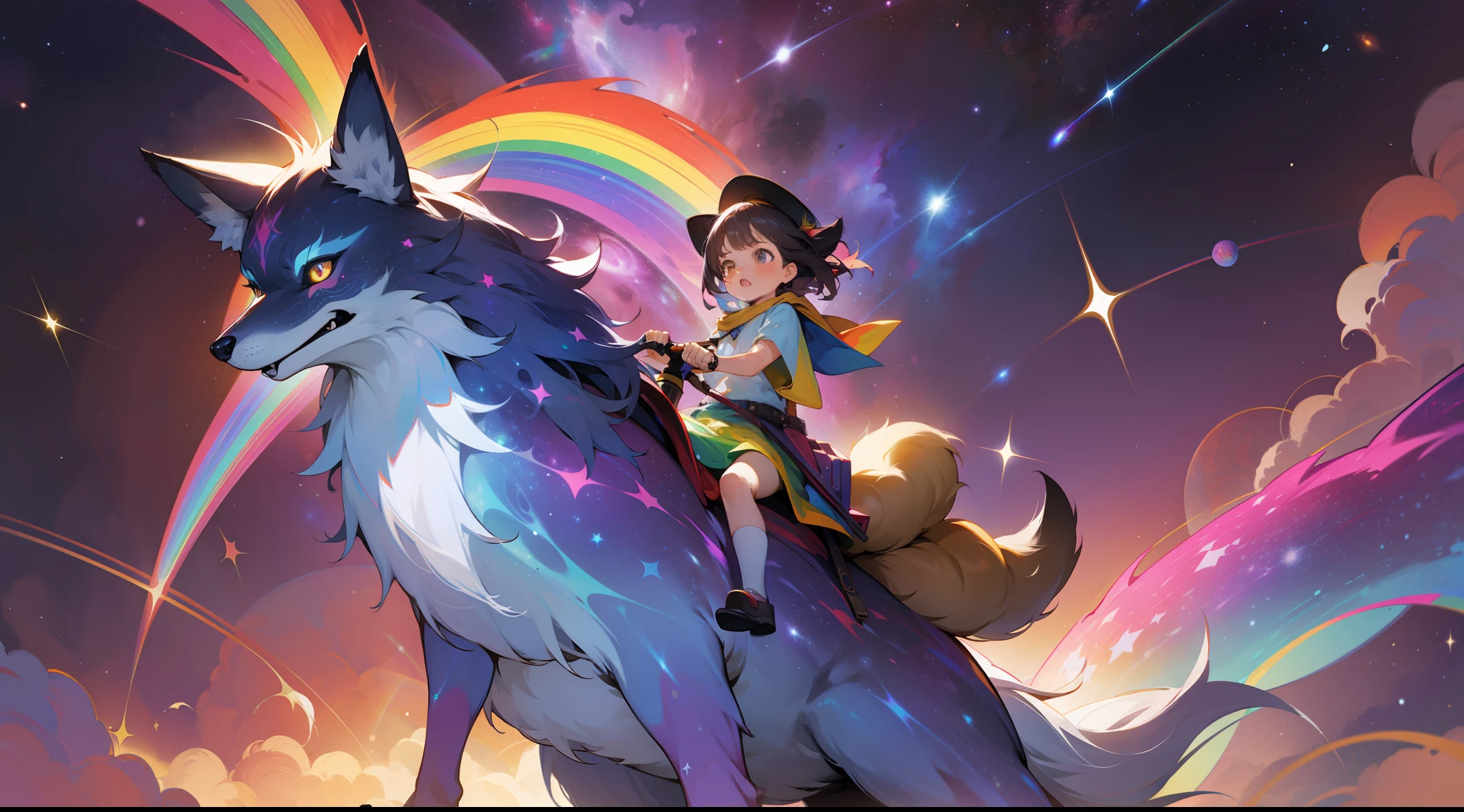 a little girl riding a giant fox, rainbow colored cosmic nebula sky background, stars, galaxies