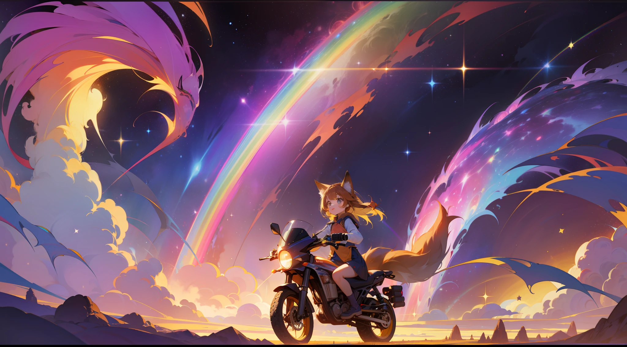 a riding a giant fox, rainbow colored cosmic nebula sky background, stars, galaxies