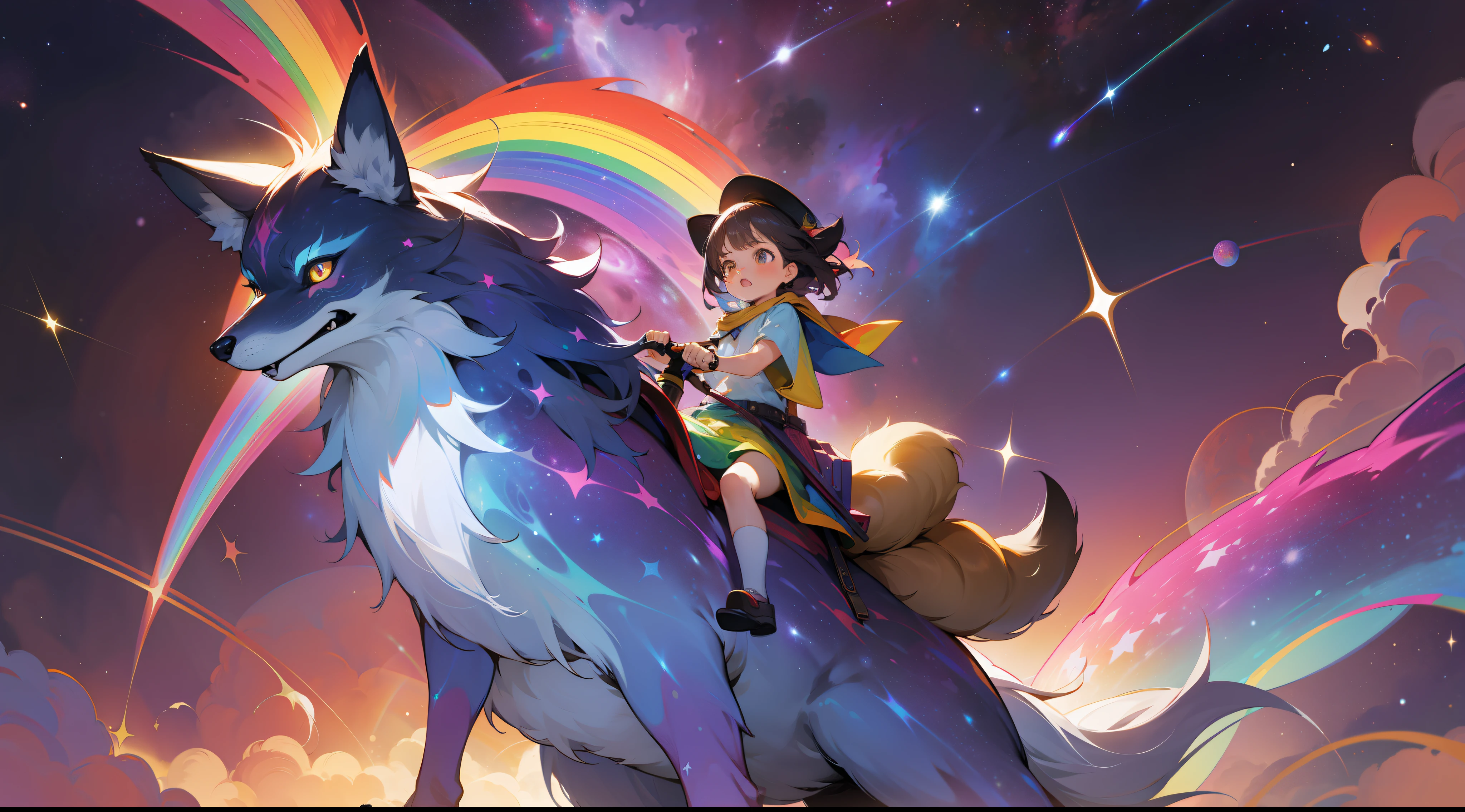 a little girl riding a giant fox, rainbow colored cosmic nebula sky background, stars, galaxies