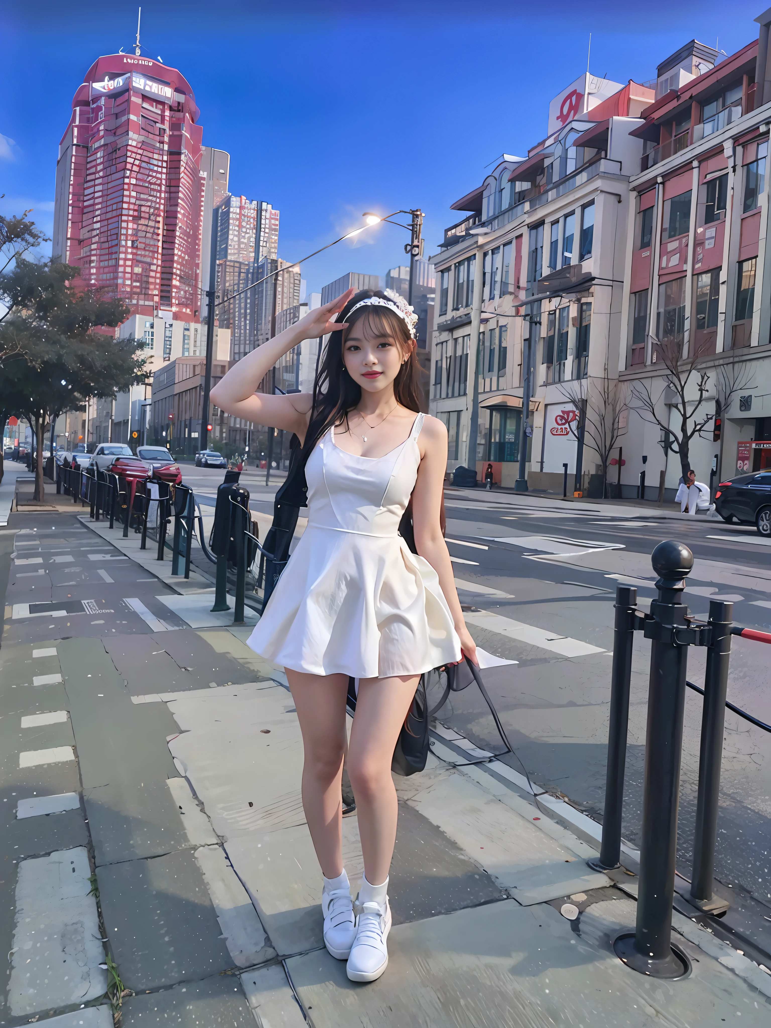 araffe woman in a white dress posing on a sidewalk, in city street, wearing a cute white dress, wearing a wet white short dress, wearing white dress, standing in a city center, in city street at night, taken in 2 0 2 0, f / 1. 9 6. 8 1 mm iso 4 0, full body cute young lady