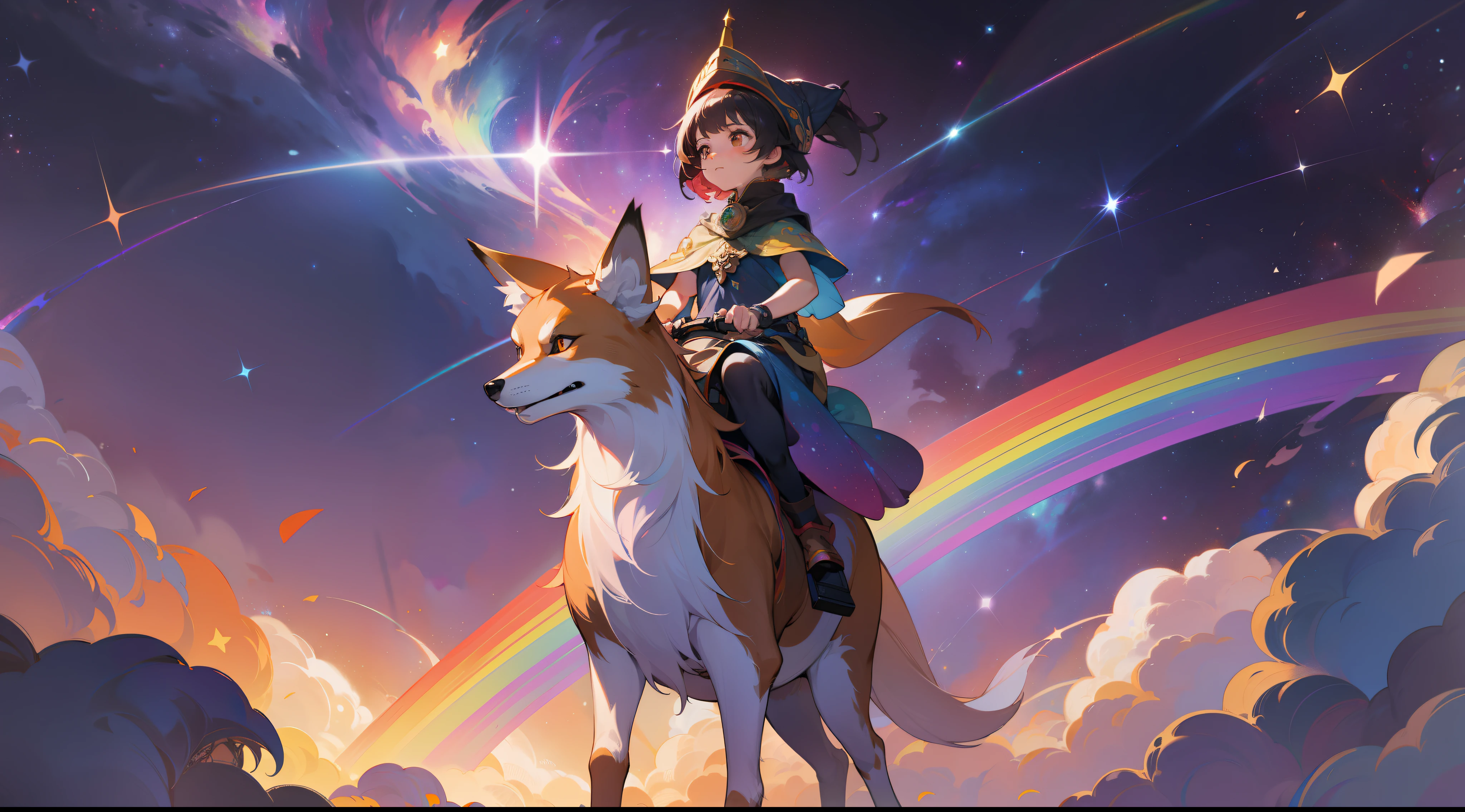 a little girl riding a giant fox, rainbow colored cosmic nebula sky background, stars, galaxies