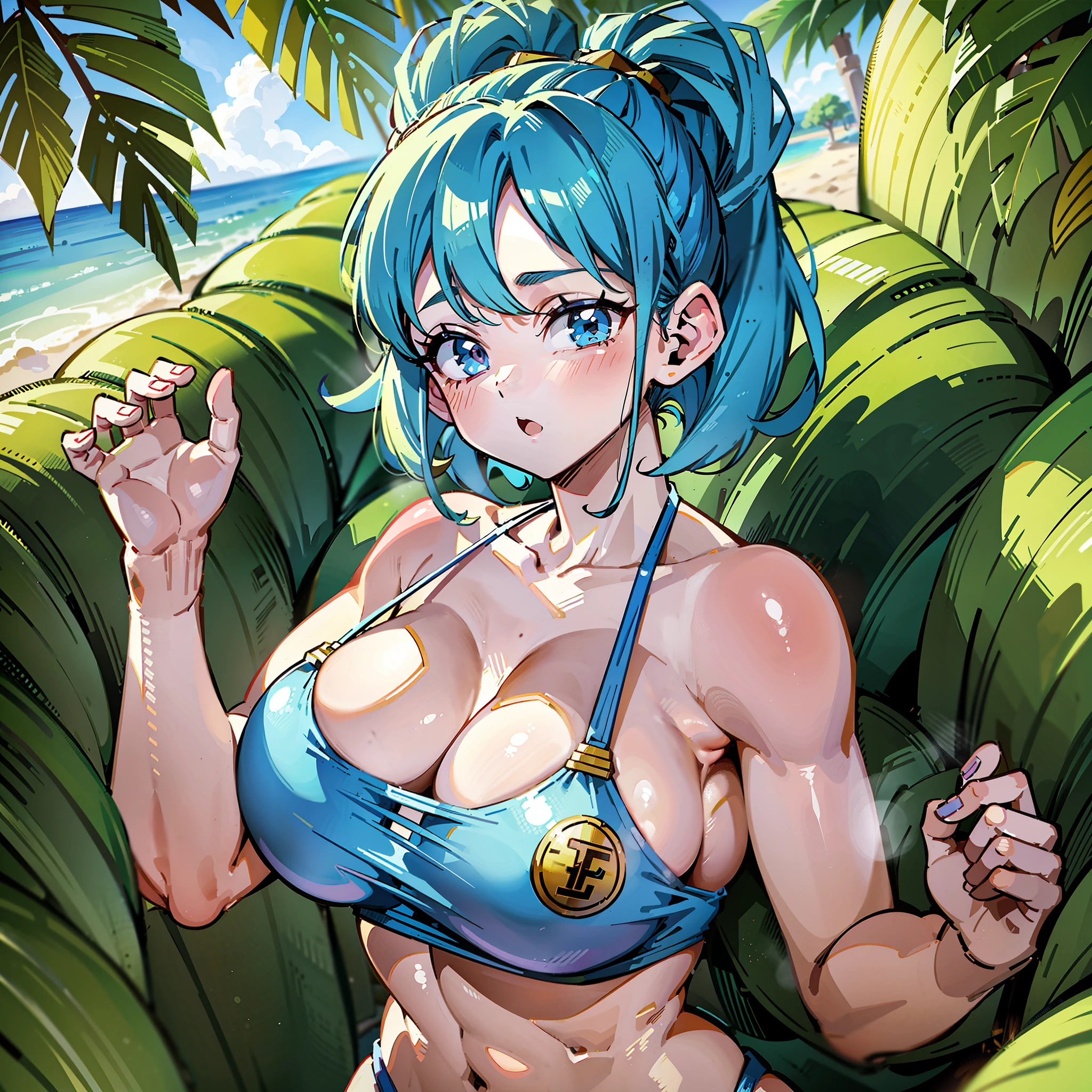 Bulma from Dragon Ball , Videl from Dragon Ball Z, 2 girls, pasties, wearing the bottom piece of a bikini, topless, with hands over their chests, kissing, big breasts, cleavage, undressing, bikini, blue hair, black hair, pigtais