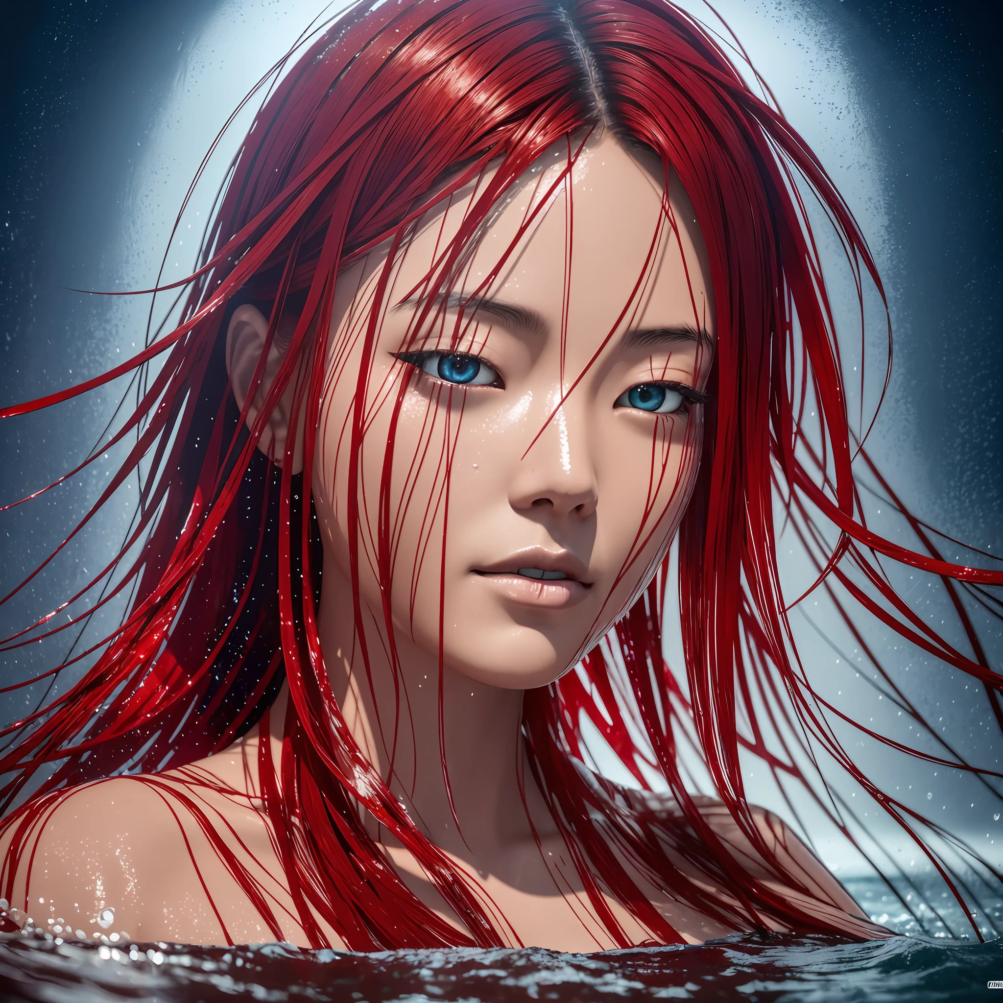 a half-body portrait of a Japanese woman made of water, half body submerged in water, in a lake, red hair, red eye,depicting as waterfall, wet, water drops on face and body, natural body posture, rain, symmetrical, abstract art style, complex and intricate watercolor painting, sharp eyes, digital painting, explosion of colors, concept art, volumetric lighting, metallic reflections, 2d rendering, 8k.(8k, RAW photo, best quality, masterpiece: 1.2), (realistic, photorealistic: 1.37), night, rain, wet, professional lighting, photon mapping, radiosity, --auto --s2