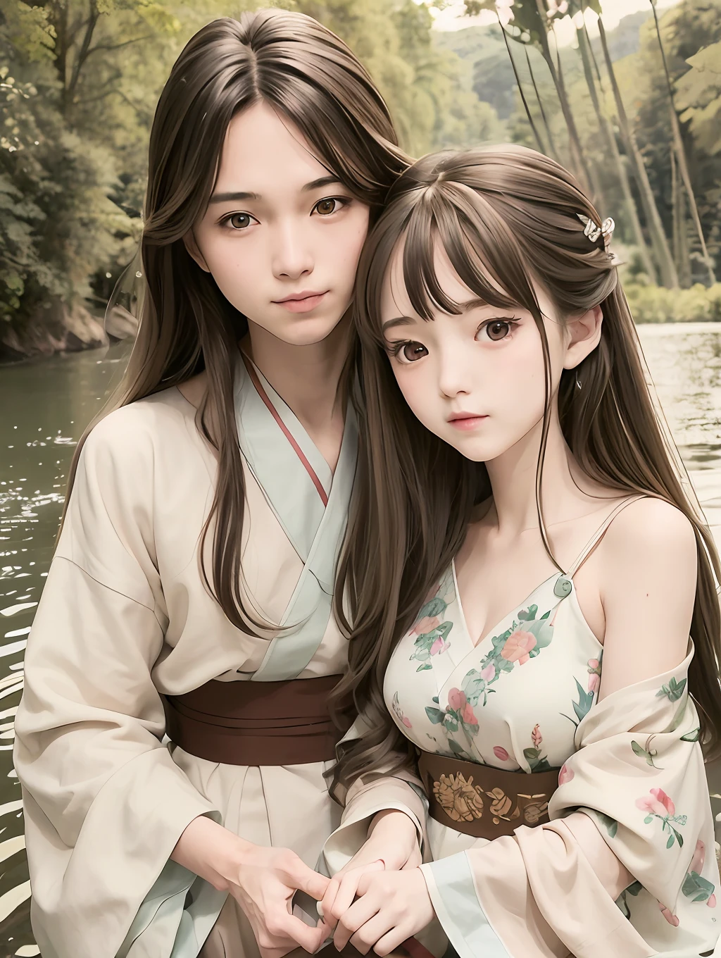 Masterpiece, best quality, official art, 8k wallpaper, very detailed, illustration, couple, snuggled together, brown hair, long hair, detailed eyes, Forrest Gump, bare shoulders, hanfu, lake, pure, soft smile, bamboo, tea
